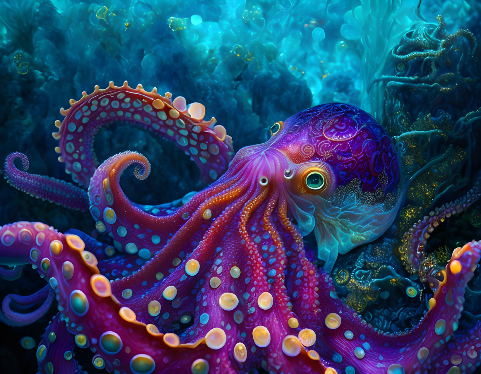 Colorful Octopus with Intricate Patterns in Blue Underwater Scene