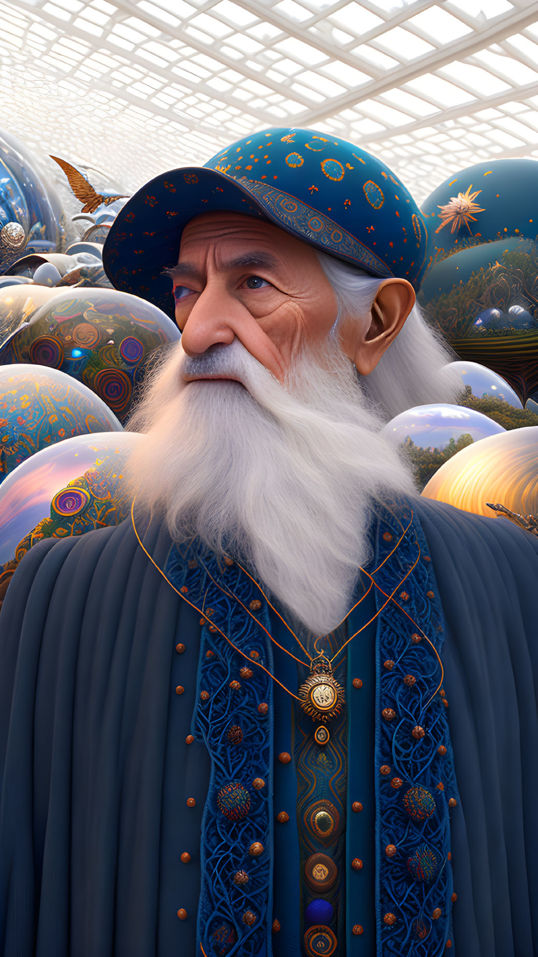 Elderly man in celestial attire with white beard and intricate spheres background