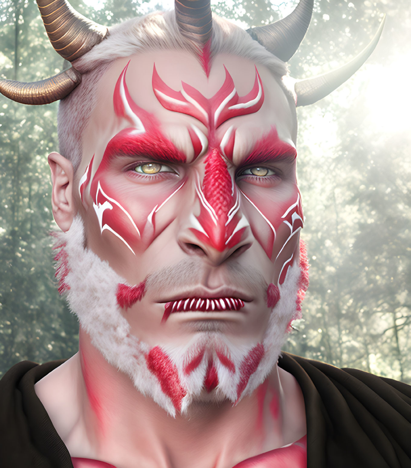 Fantasy makeup with demon-like features in misty forest