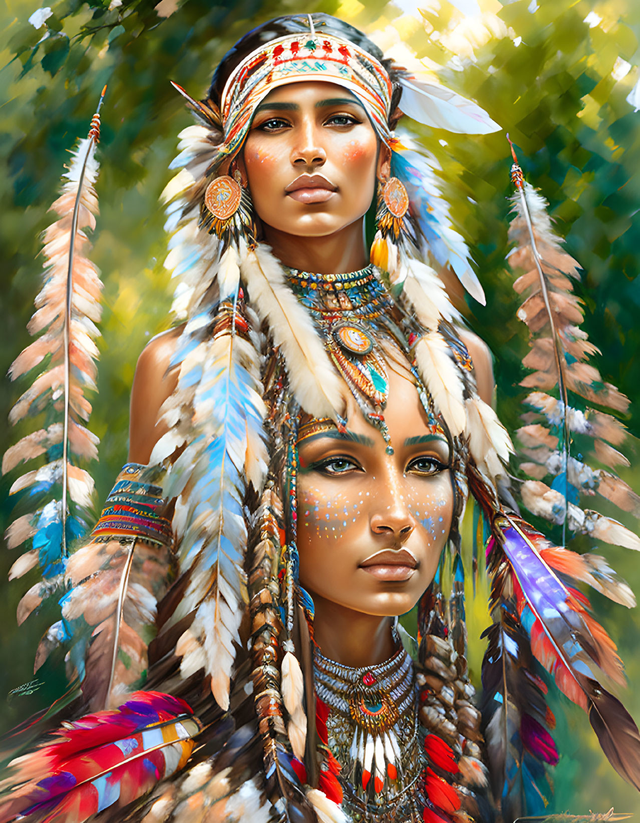 Two individuals in ornate Native American headdresses in wooded setting