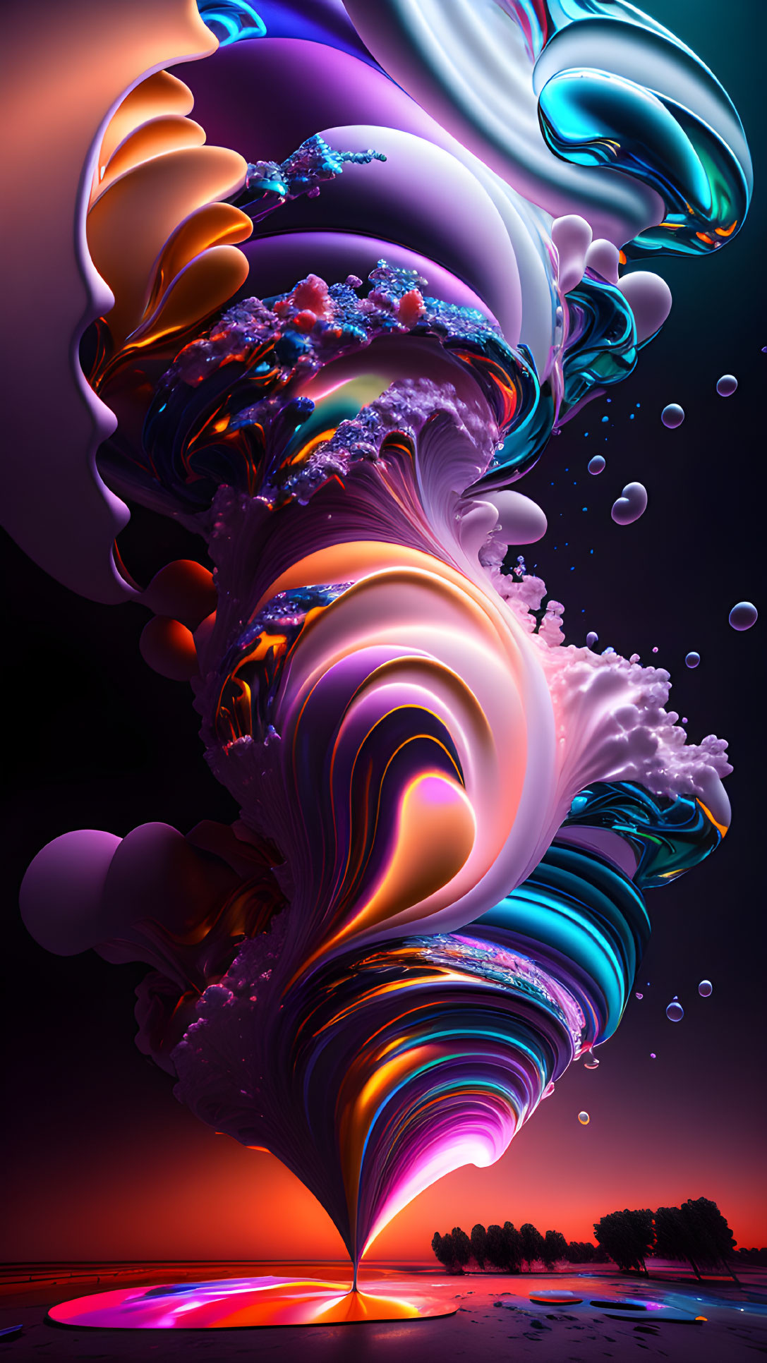 Abstract digital art: Twisted shapes in vivid colors on glossy texture, against sunset gradient.