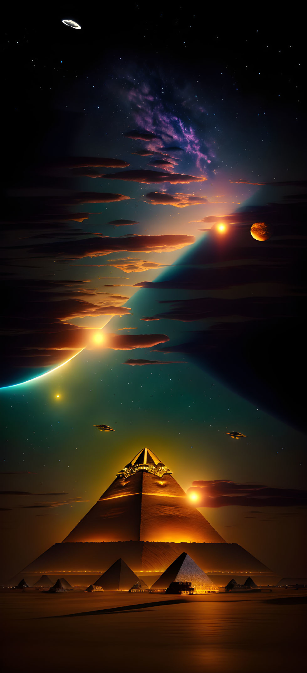 Fantastical night scene: pyramids, binary sunset, shooting star, UFO