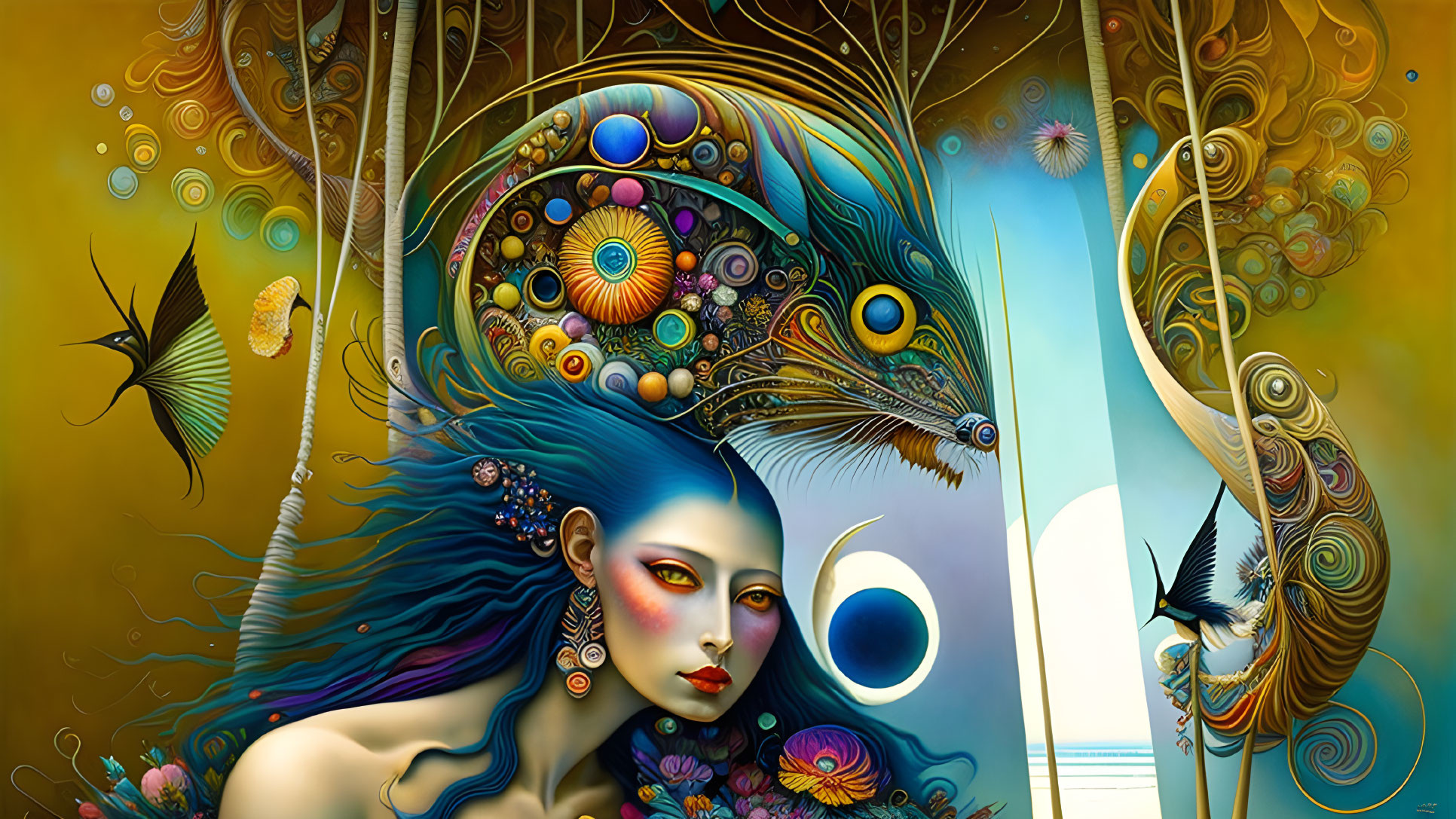 Vibrant fantasy artwork: Blue-skinned woman with cosmic hair and celestial elements