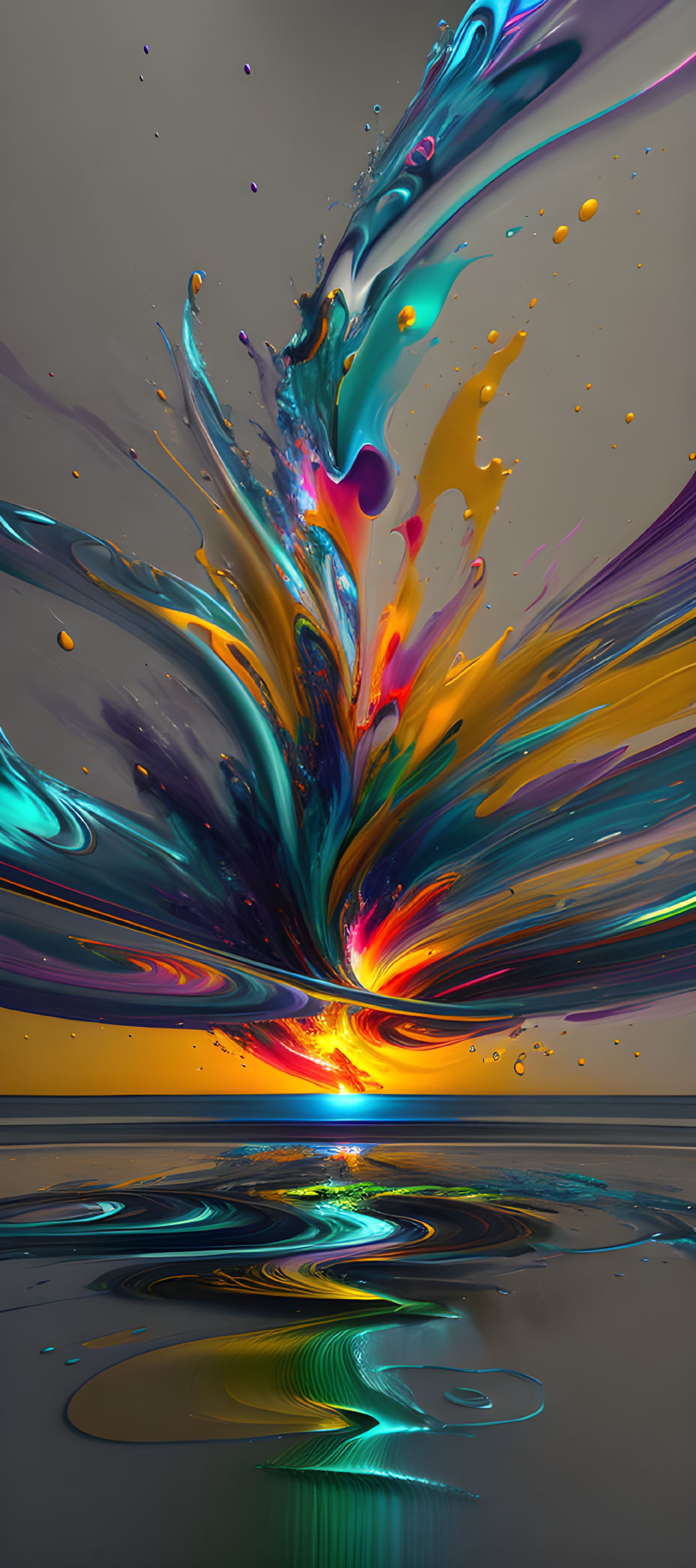 Colorful Swirling Liquid Splashes Artwork: Abstract Explosion with Reflections