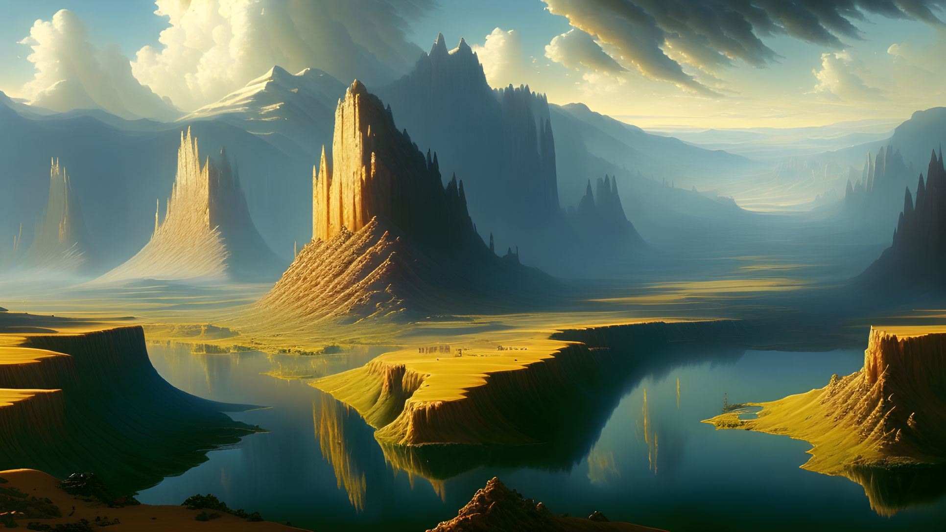 Majestic fantasy landscape with rock formations, lakes, valleys, mountains, and dramatic lighting