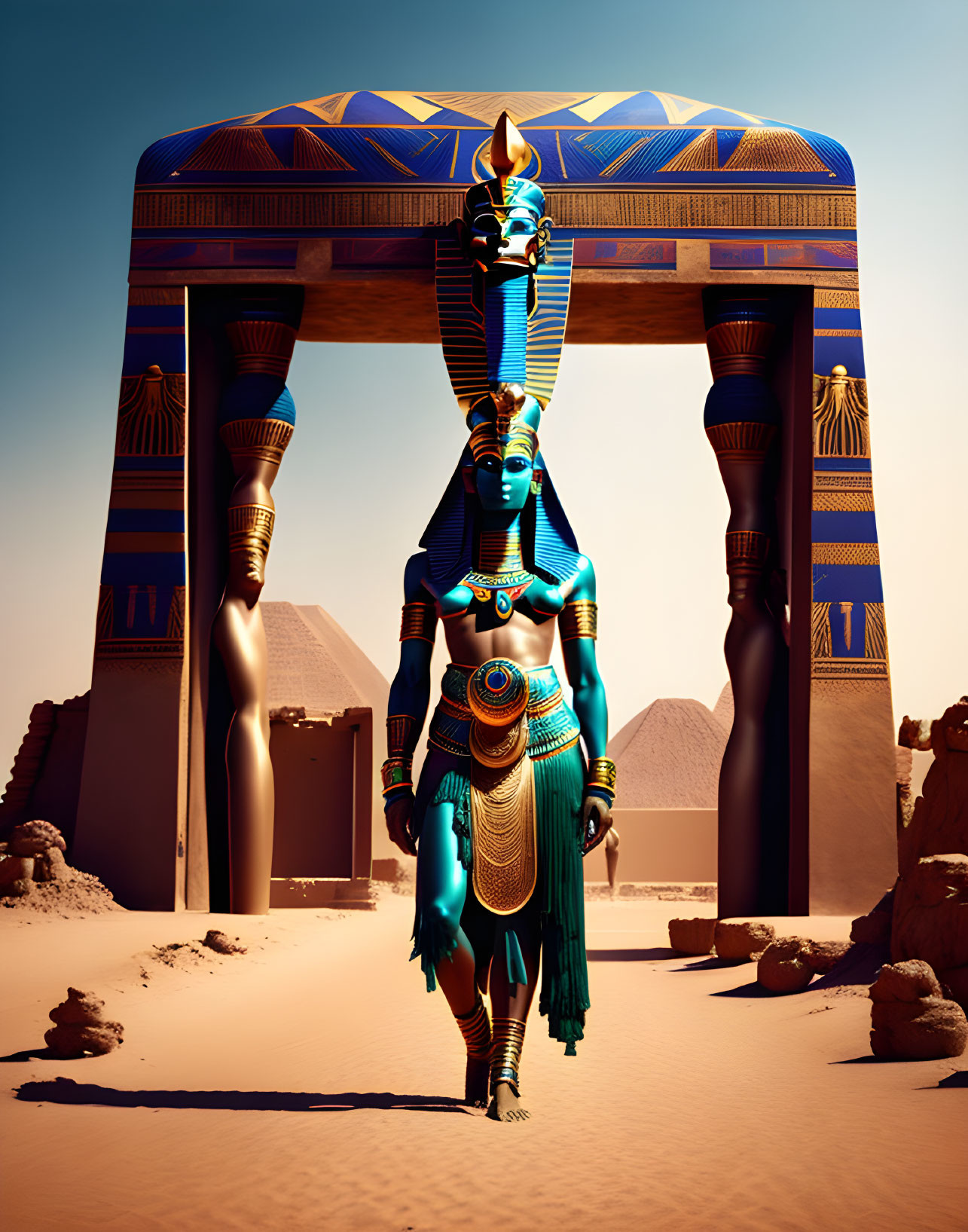 Stylized anthropomorphic Egyptian cat goddess in desert landscape