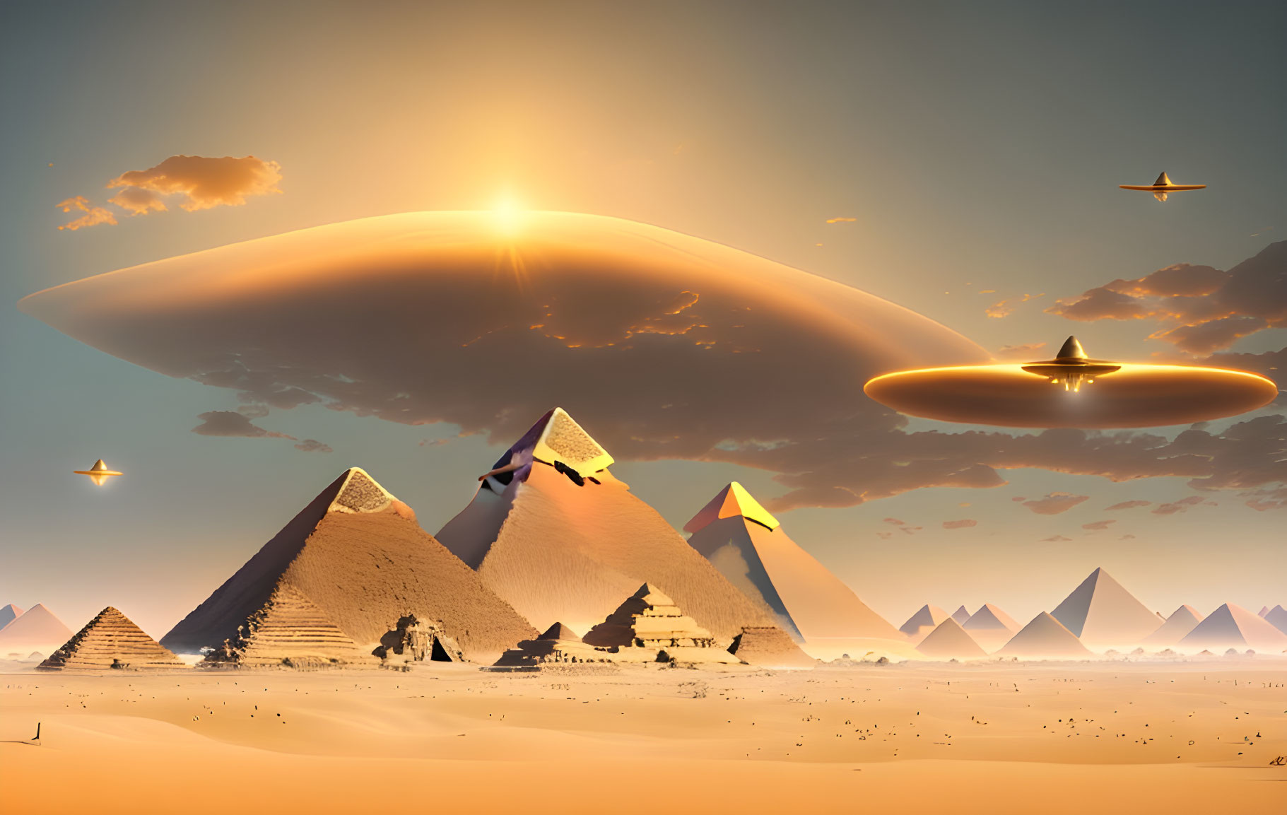 Sunset over Egyptian pyramids with UFOs and hovering spaceship.