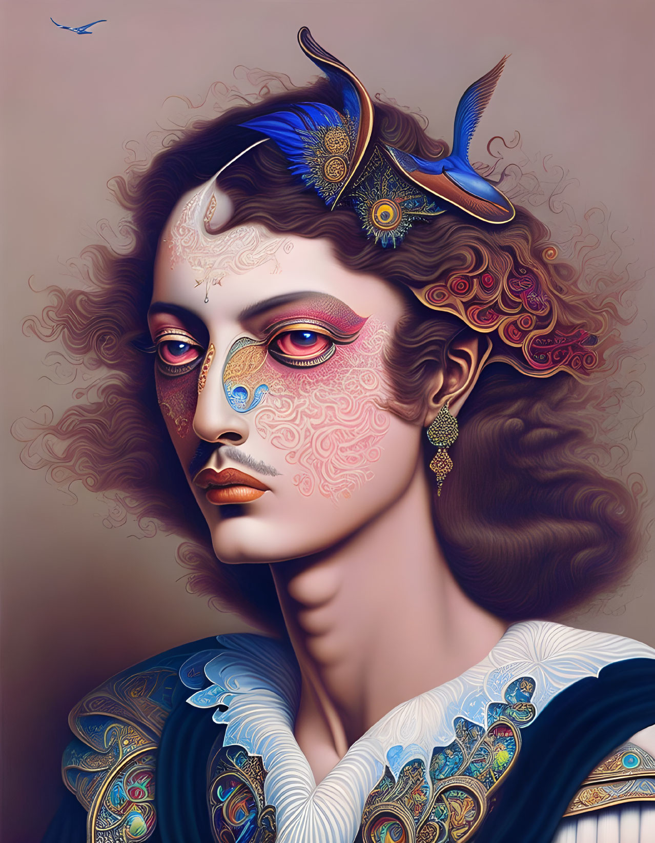 Surreal portrait of woman with horn-like embellishments and bird in flight