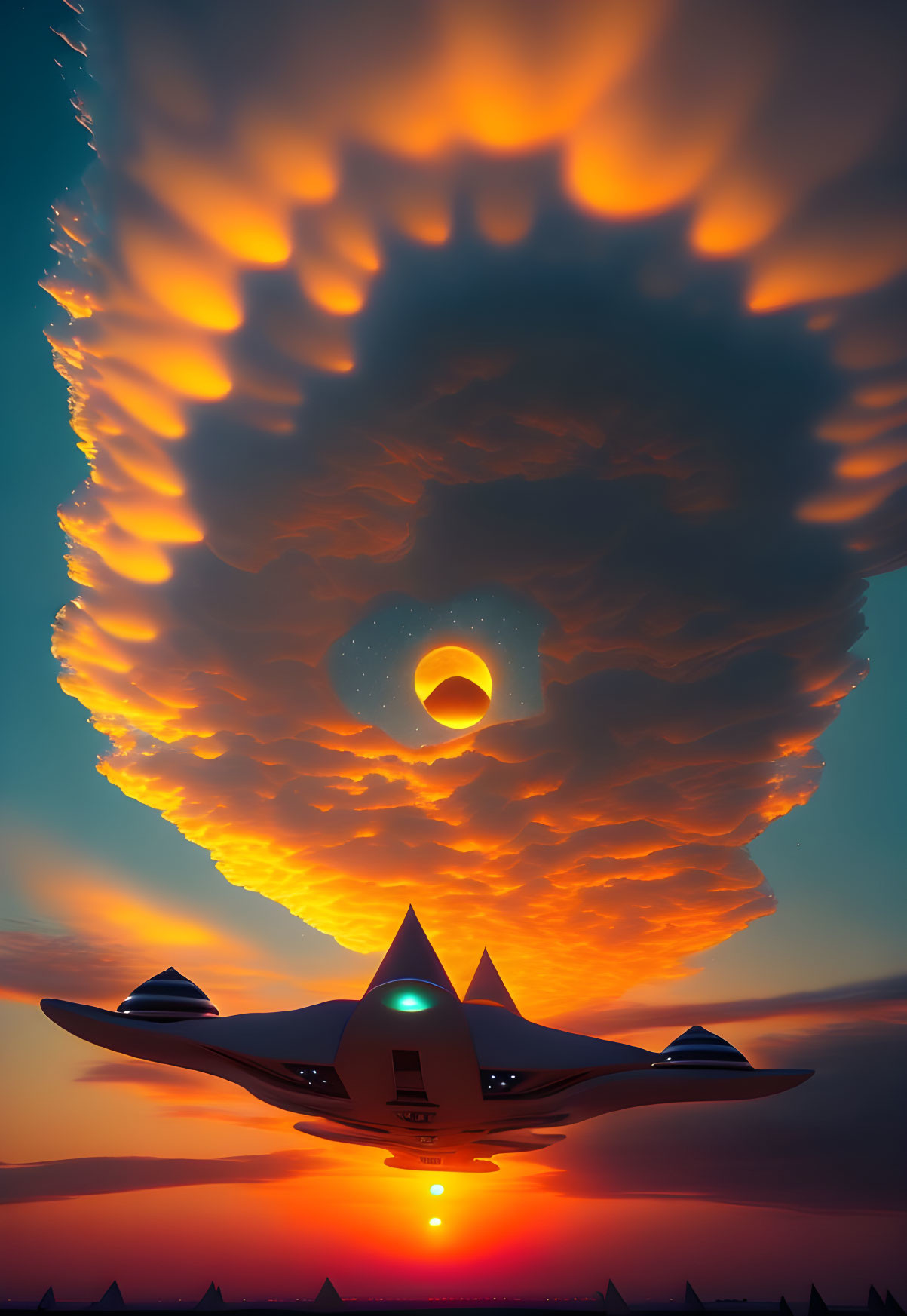 Futuristic aircraft approaching massive orange cloud formation at sunset