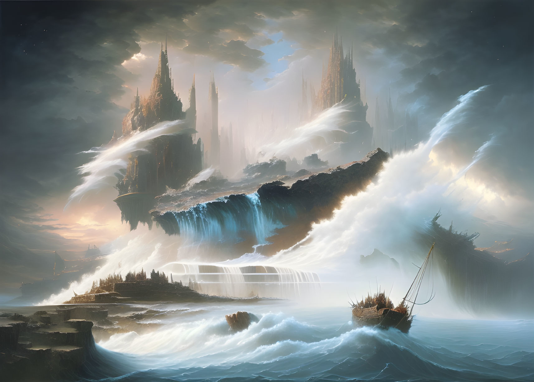 Fantasy landscape with floating islands and sailboat amid cascading waterfalls