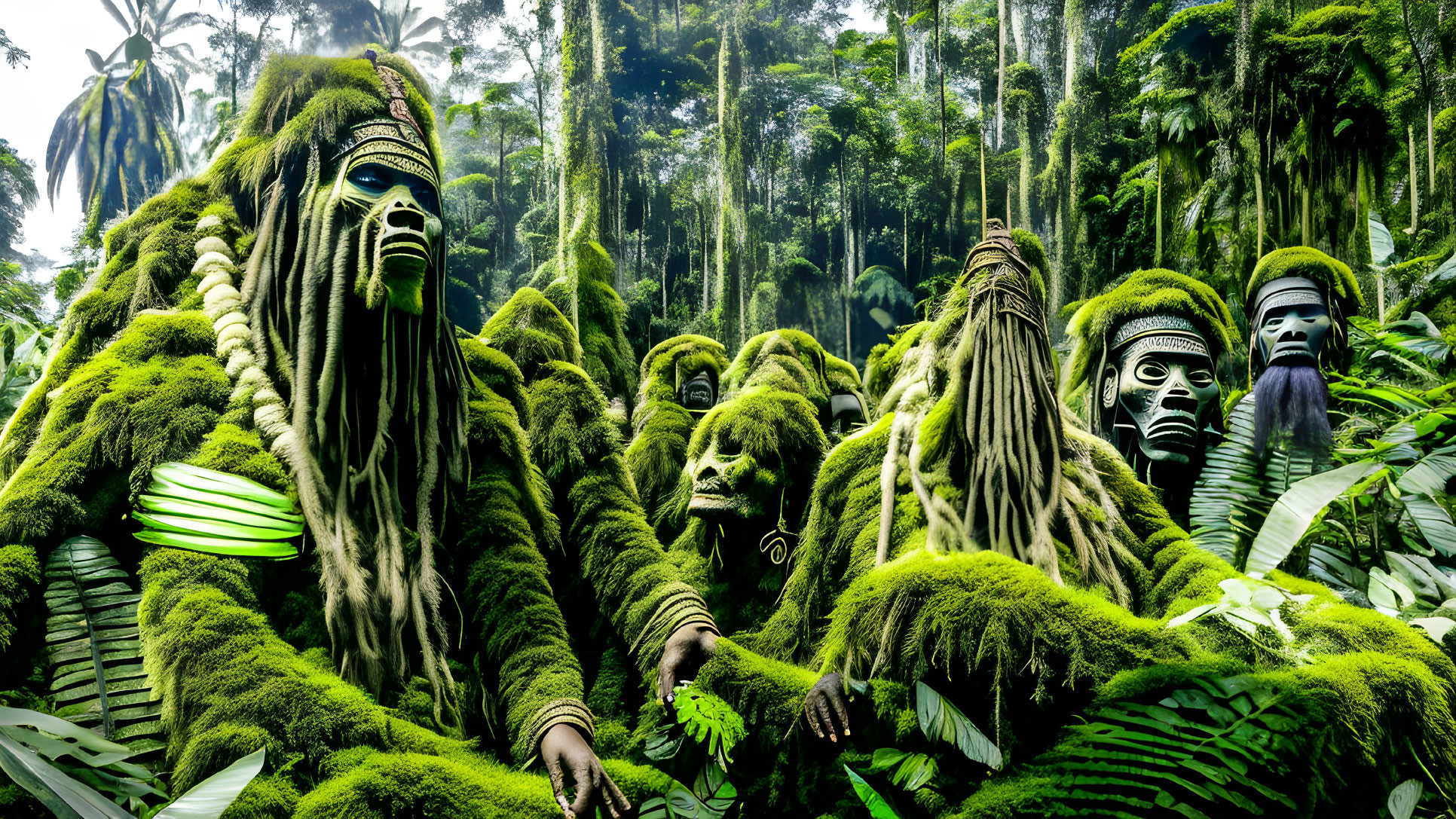 Moss-covered figures in tribal masks blend into lush green forest