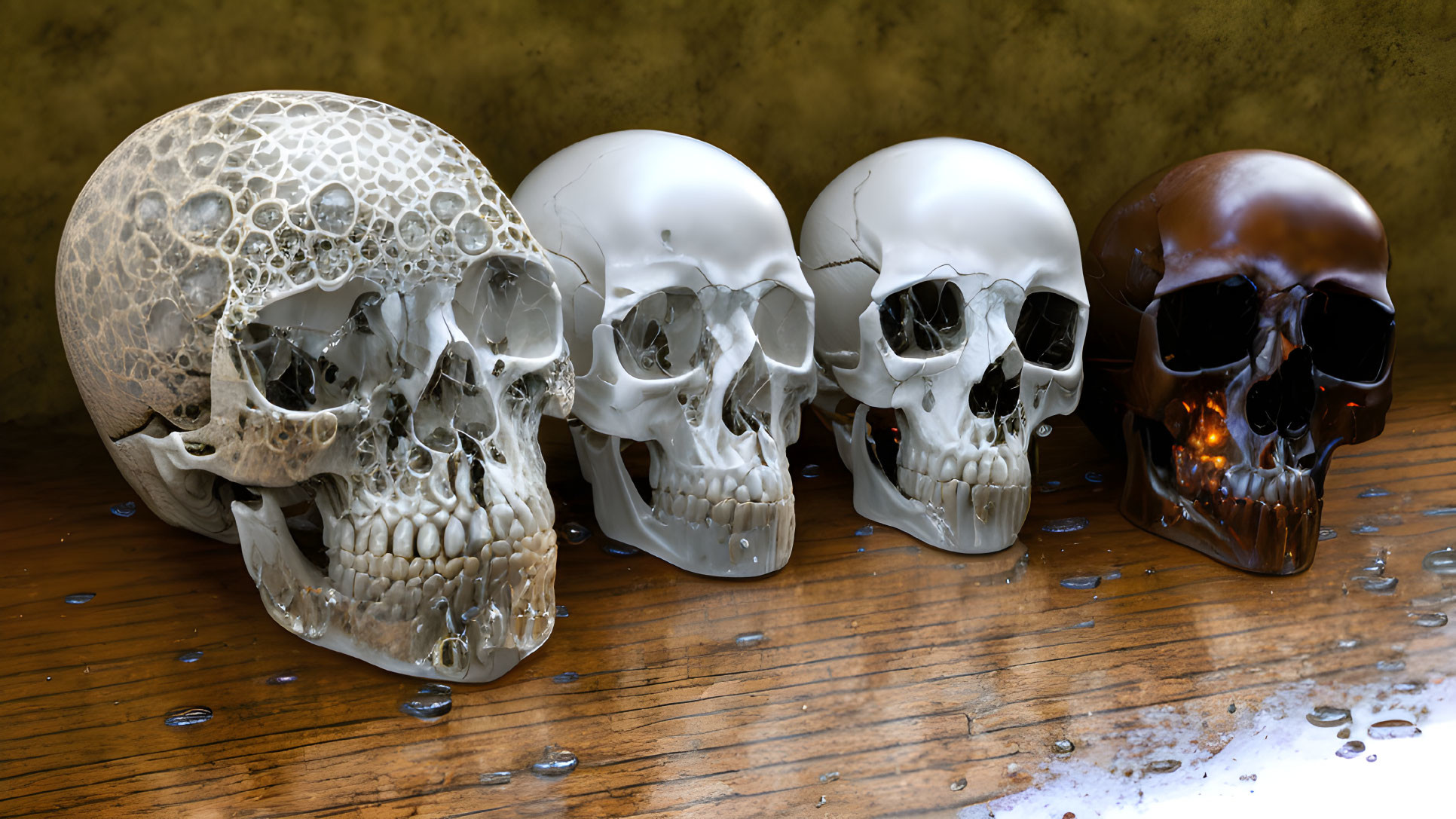 Row of Four Skulls with Varying Textures on Wet Wooden Surface