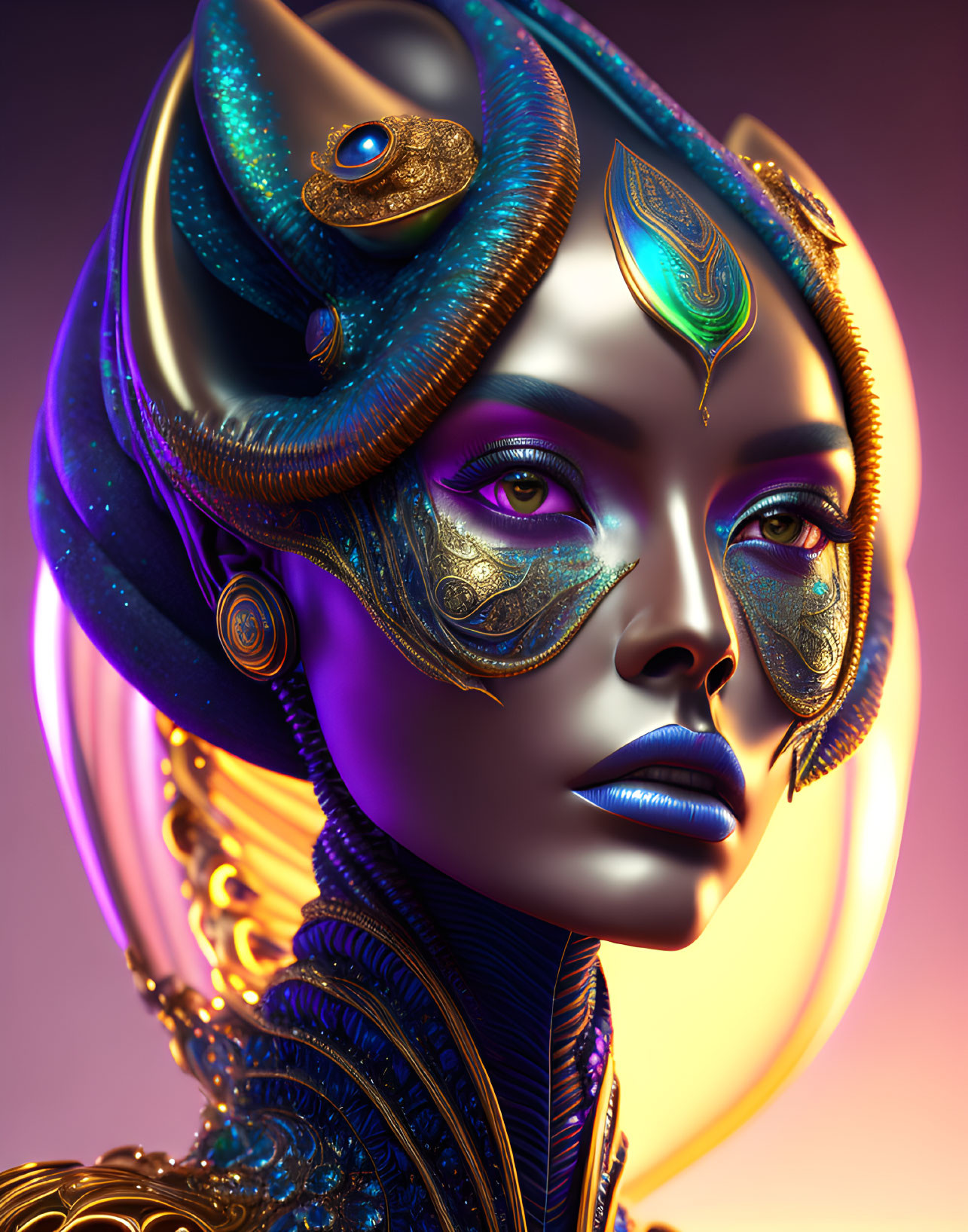 Digital Art: Woman with Metallic Blue Skin & Peacock Motif Makeup