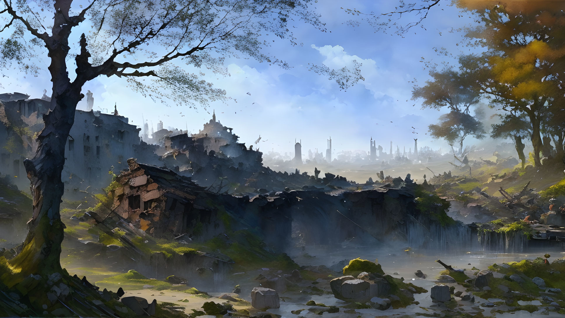 Tranquil landscape with ruins, pond, trees, and city skyline under blue sky