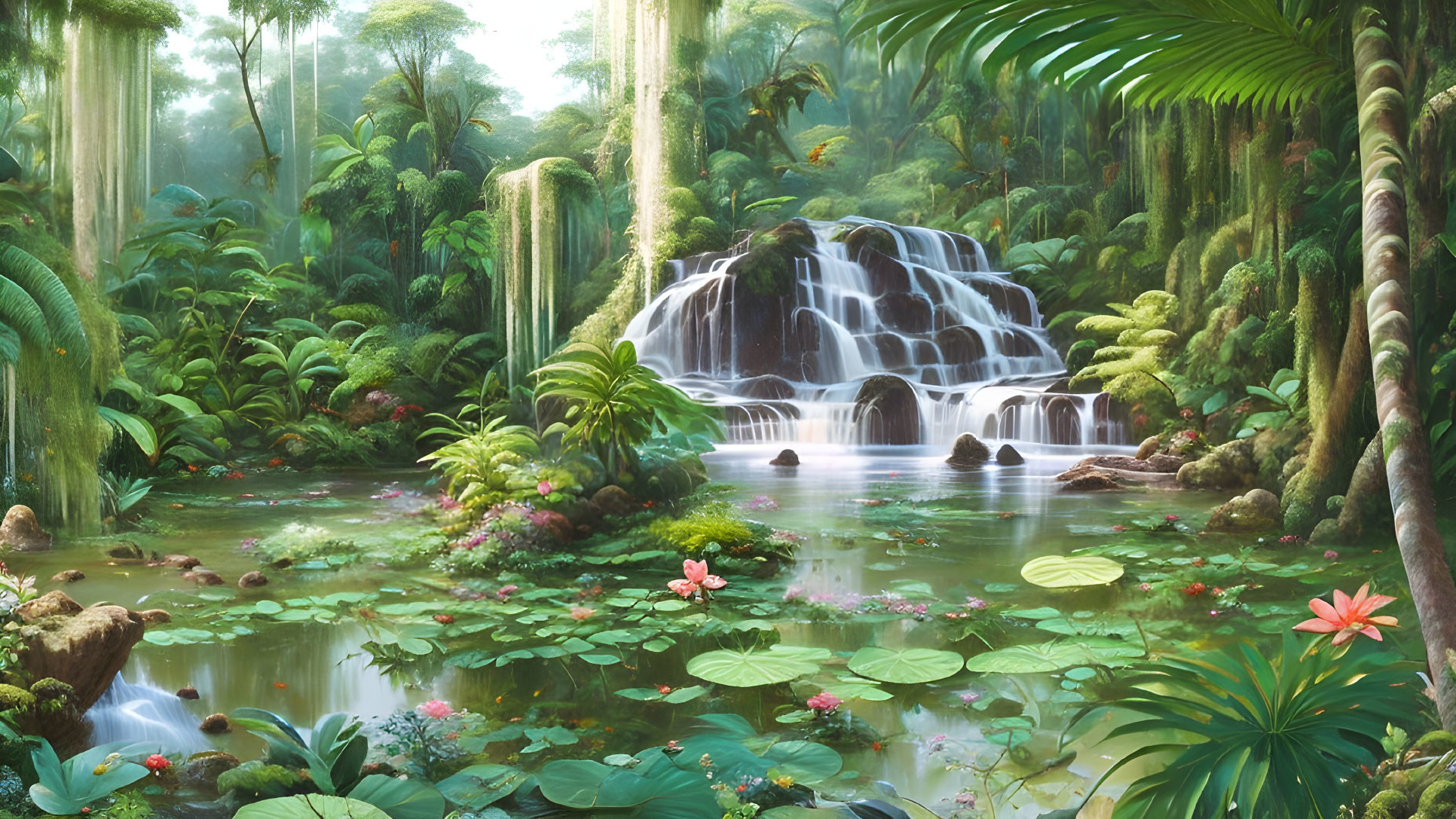 Vibrant forest scene with waterfall, pond, and blooming flora