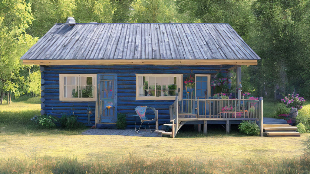 Blue log cabin with porch and pink flowers in lush green setting