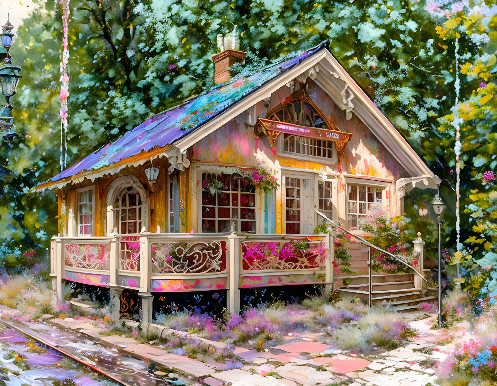 Charming Cottage with Vibrant Floral Patterns in Lush Foliage