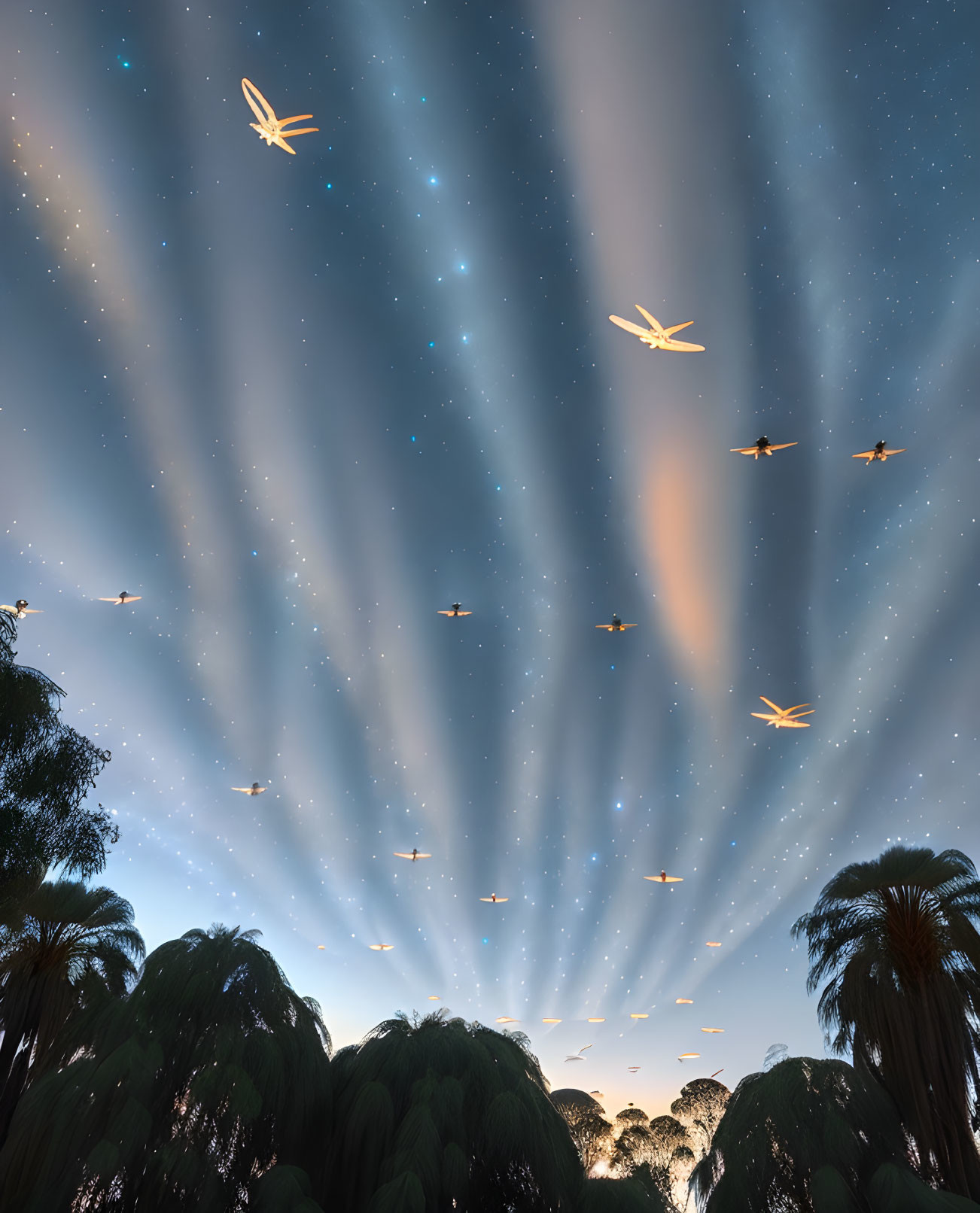 Night sky with stars, light rays, birds, and tall trees