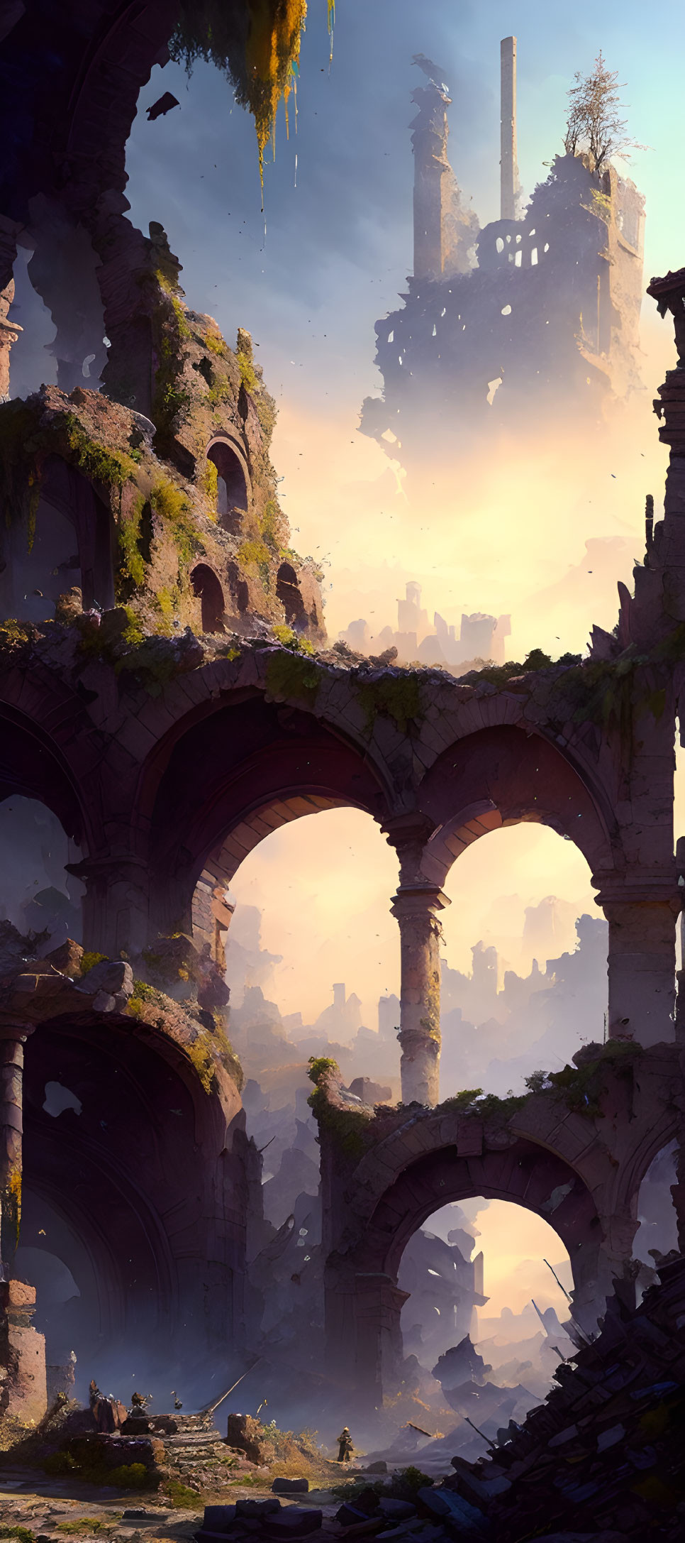 Sunlit ancient ruin with arches and vegetation against crumbling backdrop