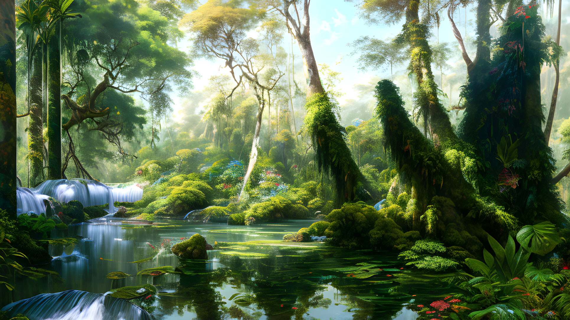 Tranquil forest scene with lush greenery, river, mist, waterfalls