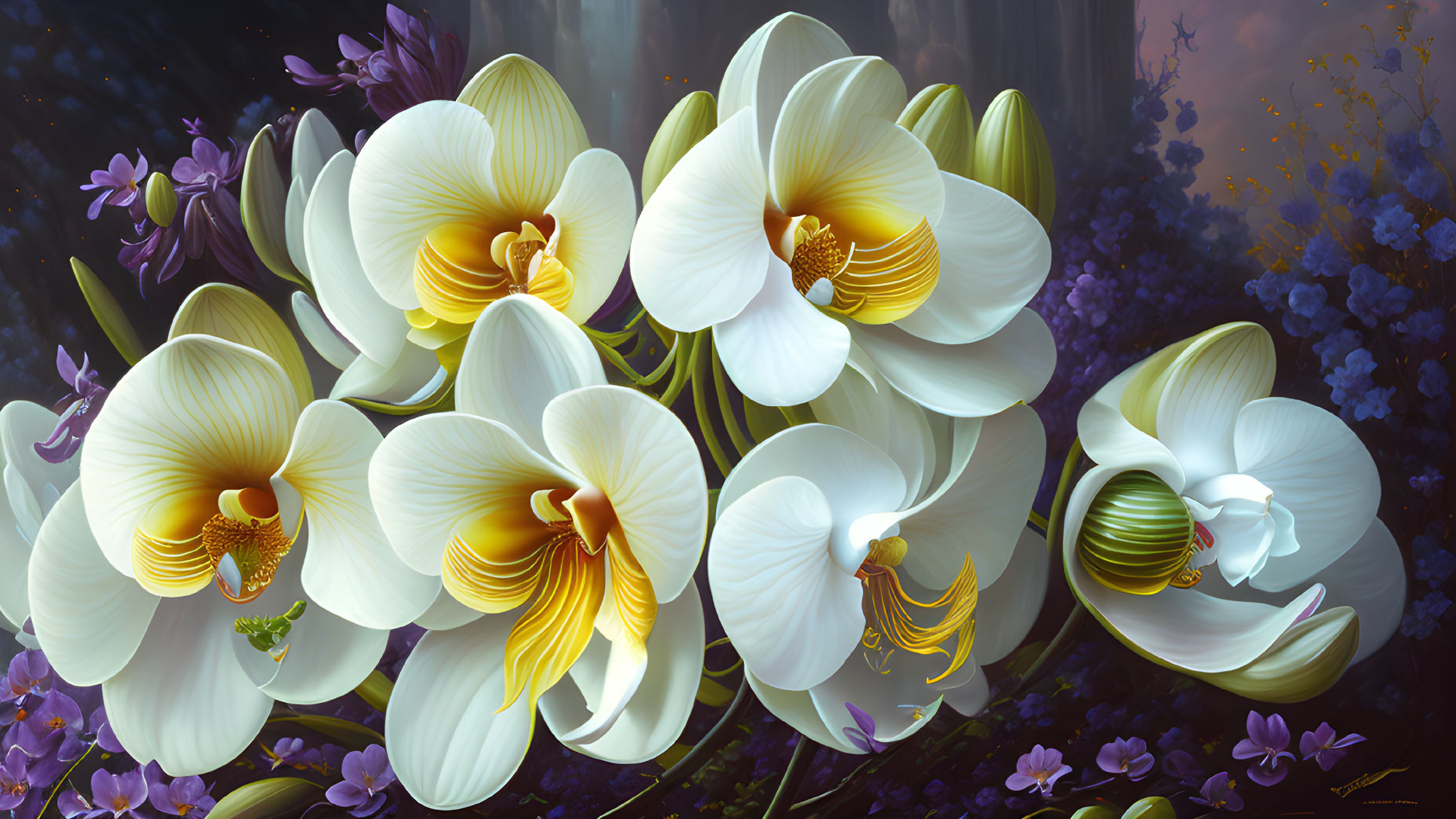 Vibrant white and yellow orchids in a purple floral forest landscape