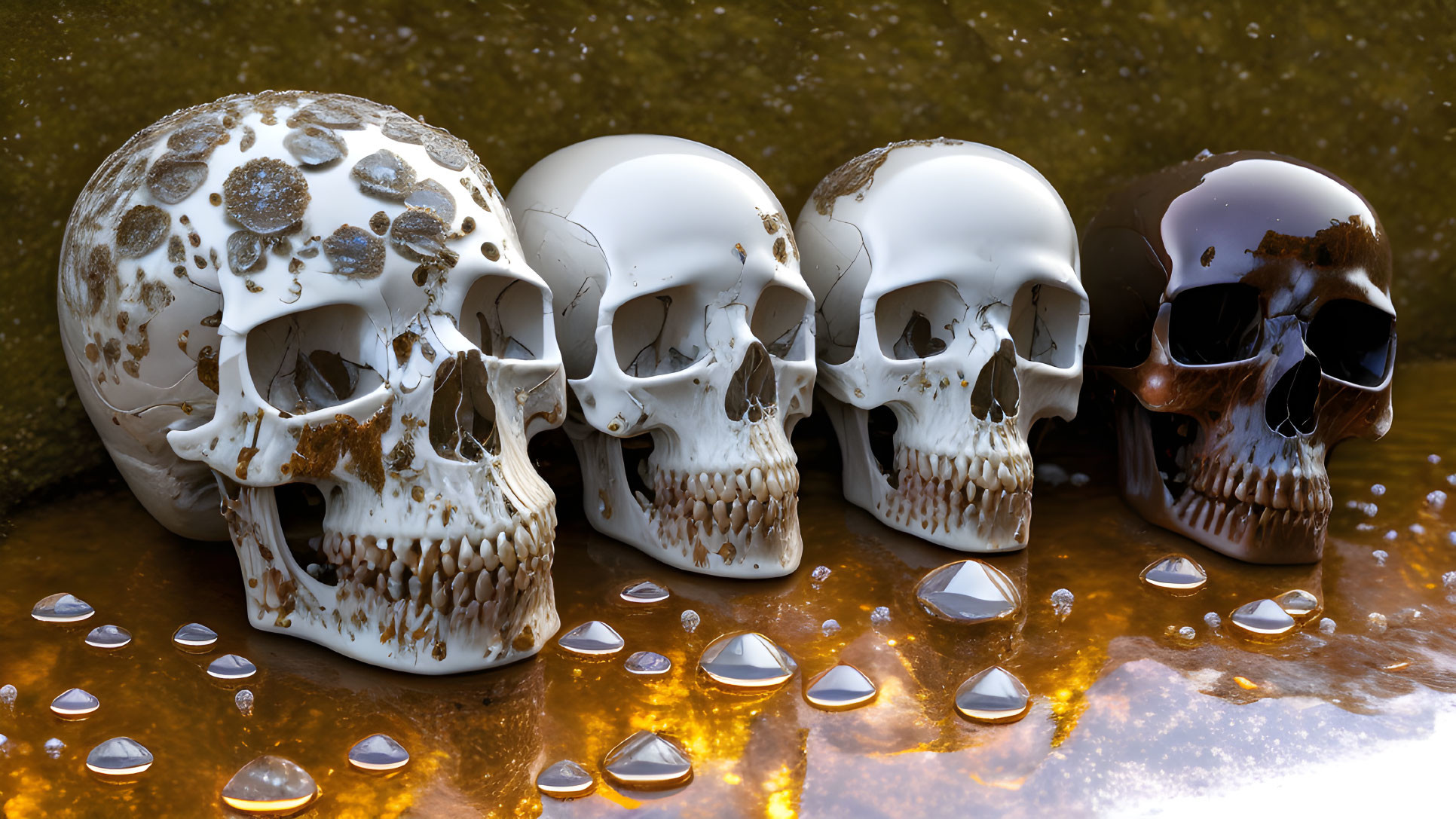 Four human skulls on gold surface with brown stains and water droplets