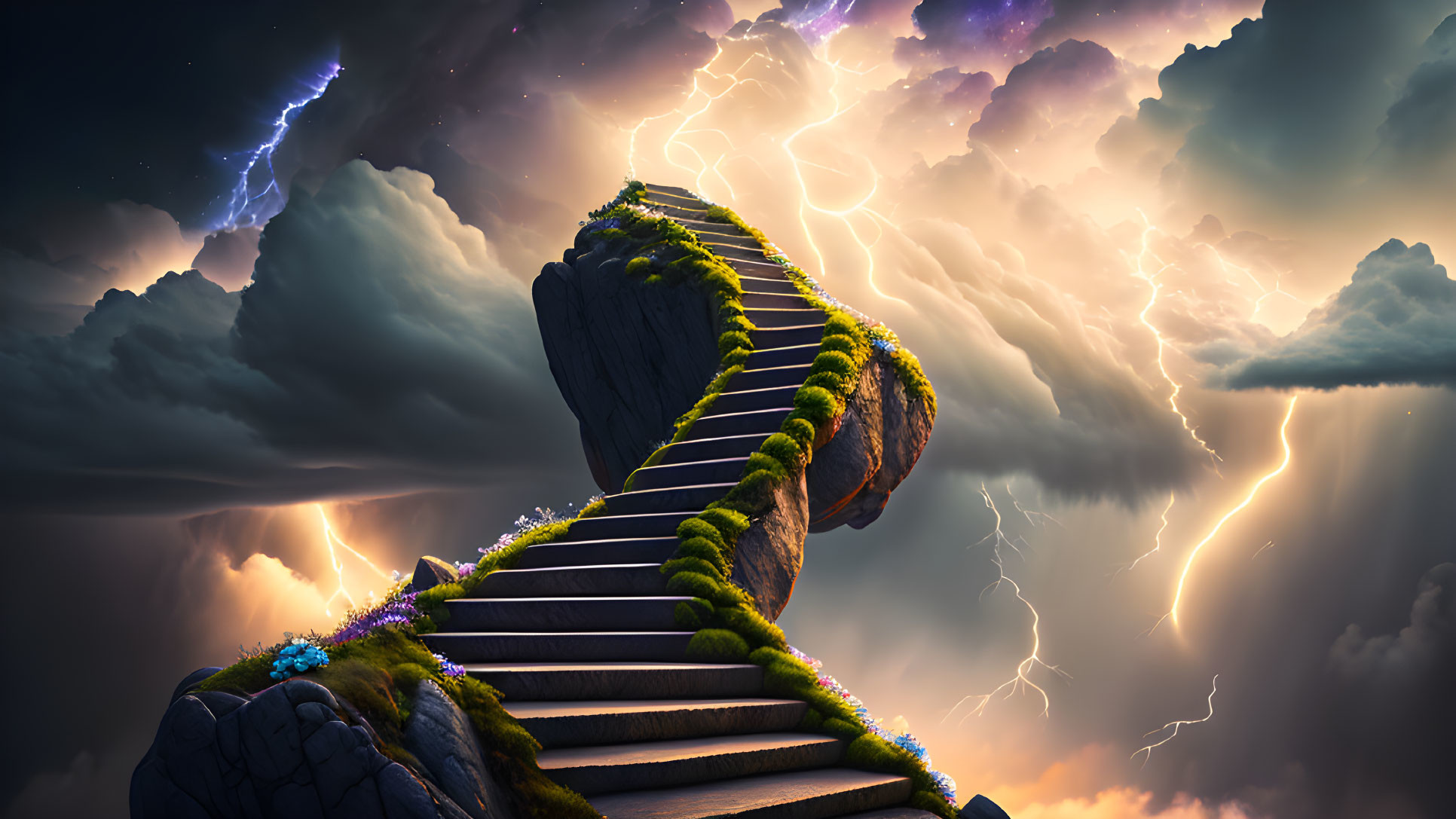 Stone Staircase Ascending Cliff in Stormy Sky with Lightning