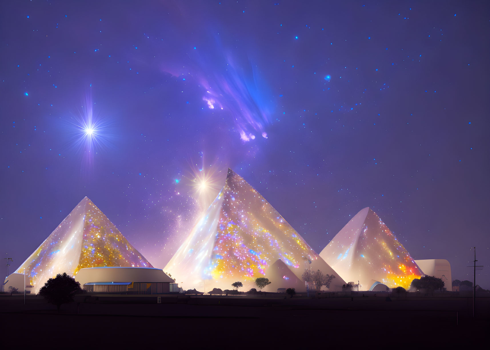 Vibrant cosmic lights over illuminated pyramids