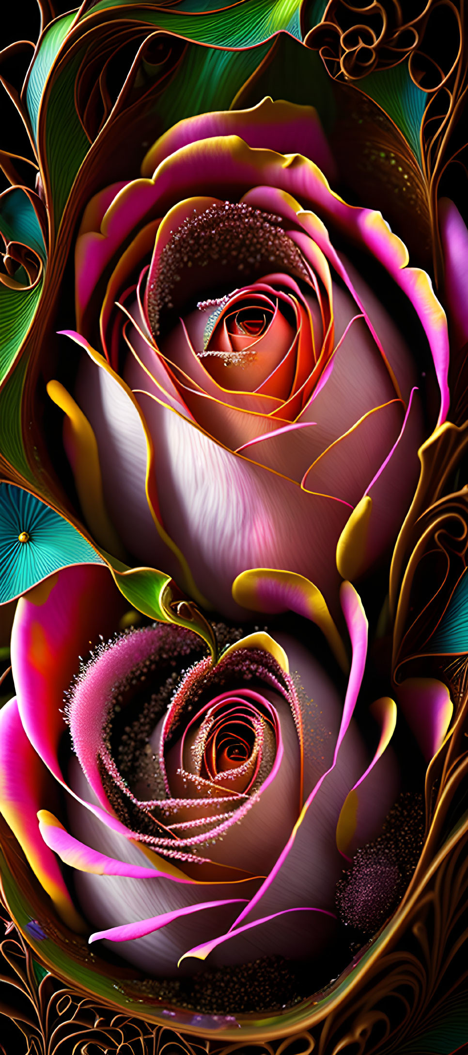 Colorful stylized roses with neon outlines on dark background