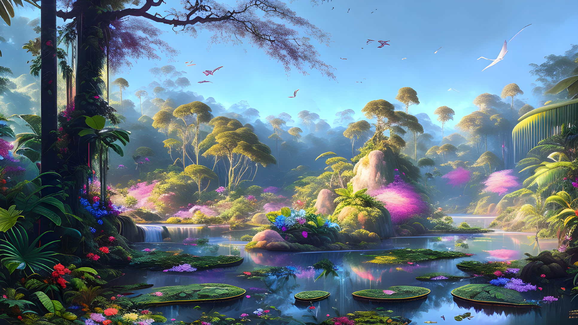 Mystical forest digital artwork: vibrant flora, waterfalls, pond, animals & ethereal lighting