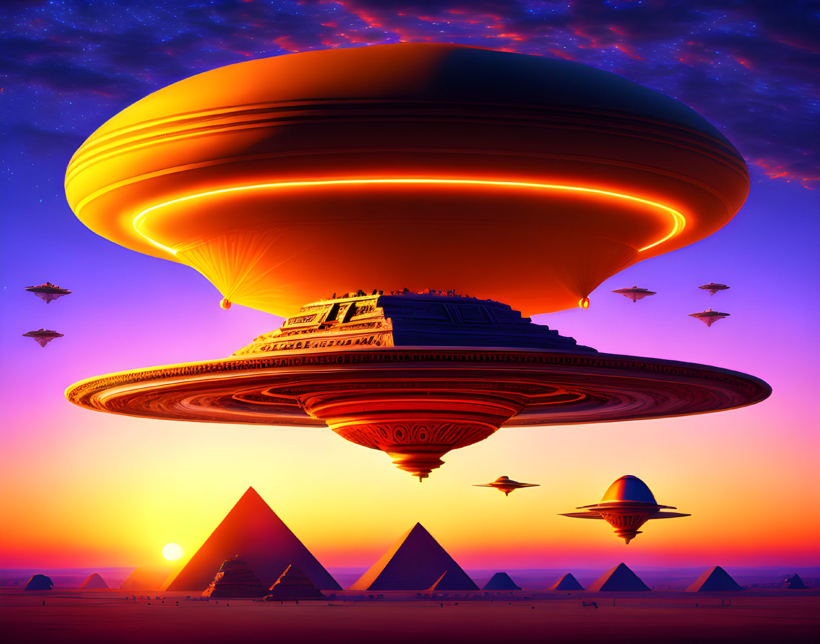 Futuristic UFO over Egyptian pyramids at sunset