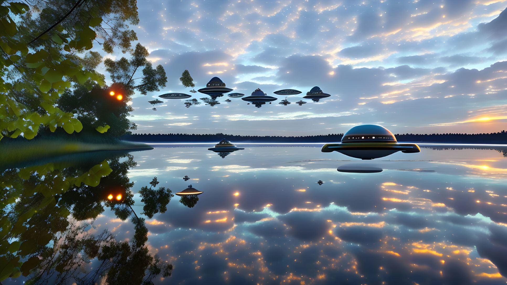 Tranquil lake with flying saucers in the sky at dusk