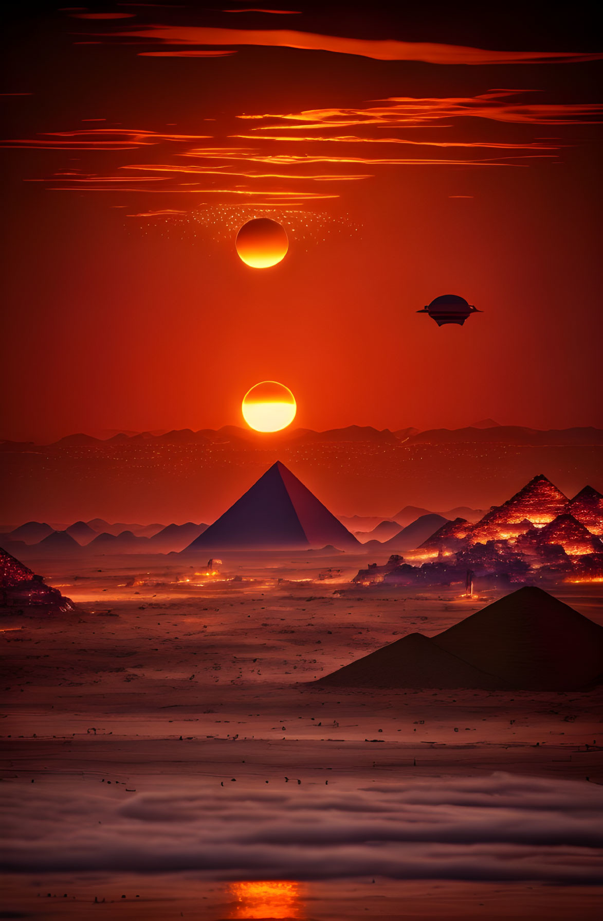 Surreal landscape: two suns, pyramids, flying object, hills, orange sky