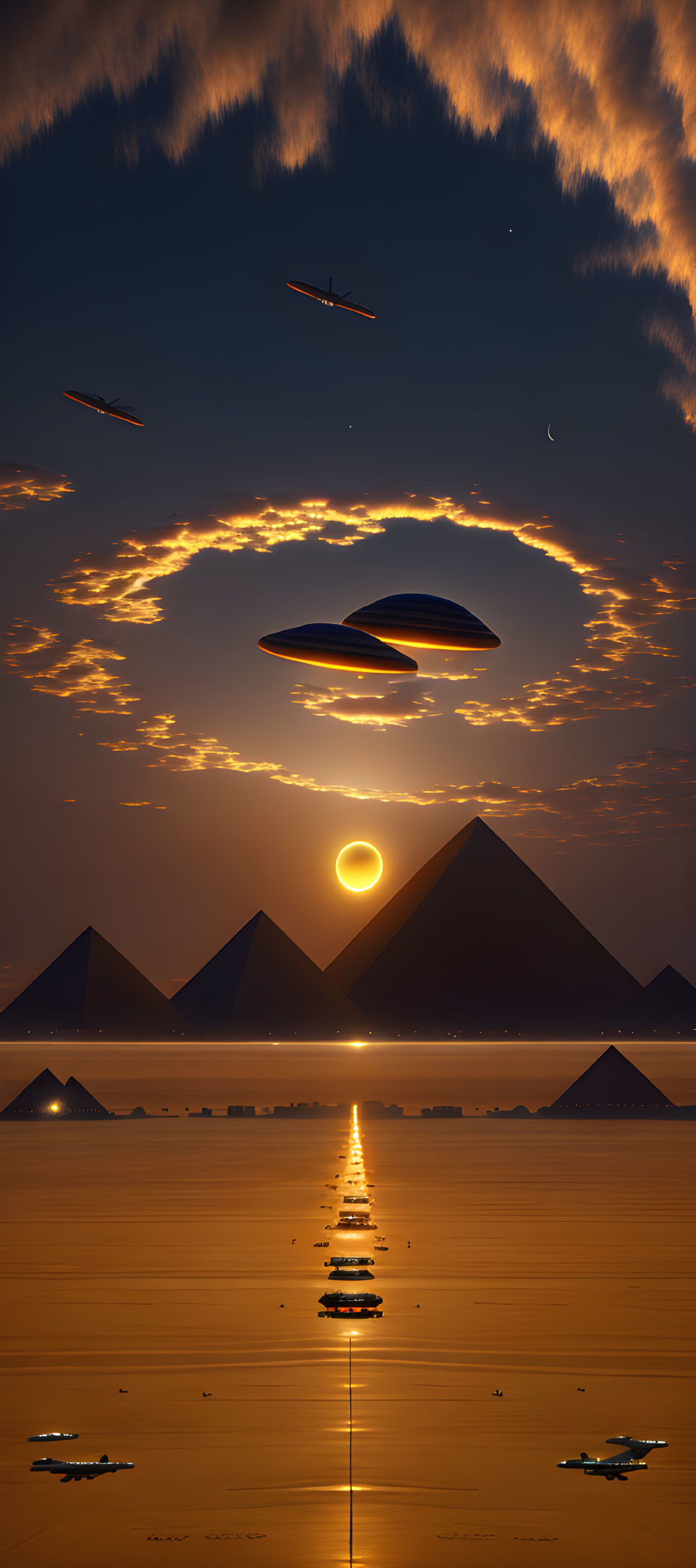 Majestic sunset over pyramids with UFOs and boats in sky.