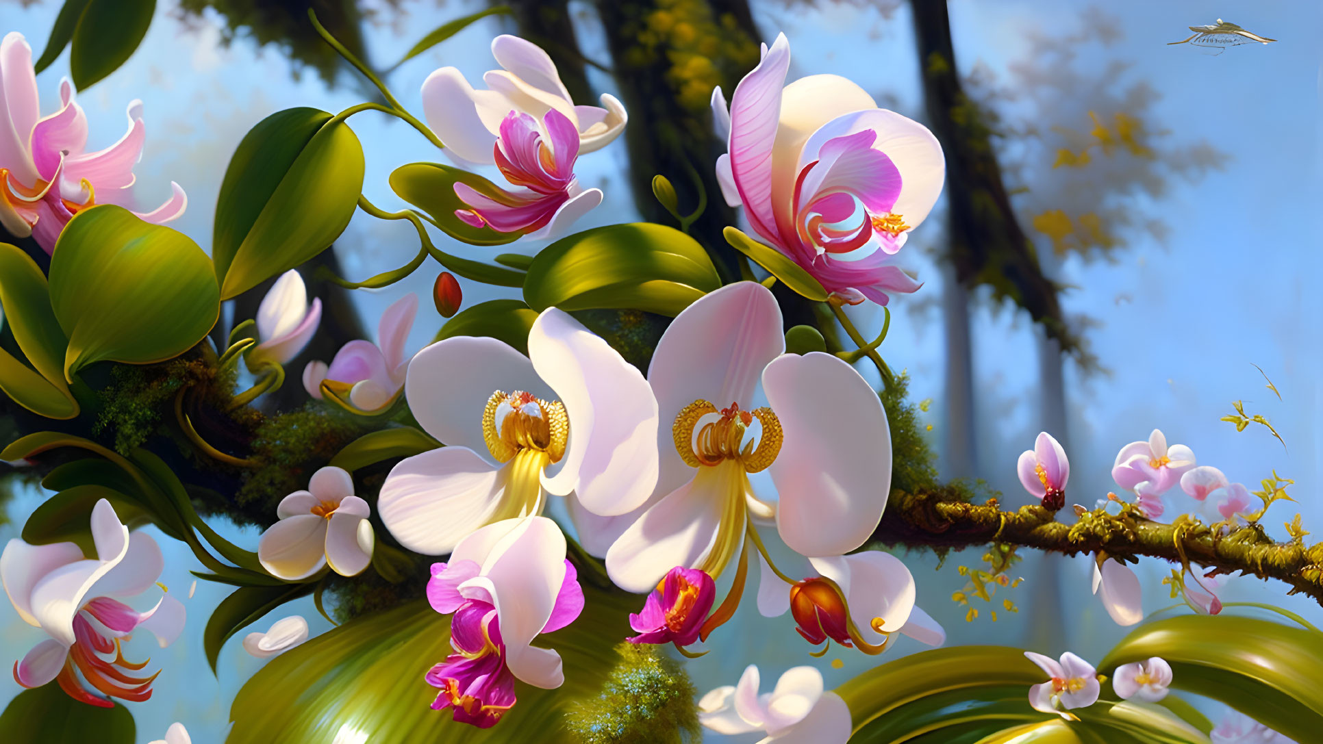 Pink and White Orchids Blooming on Branch against Blue Sky