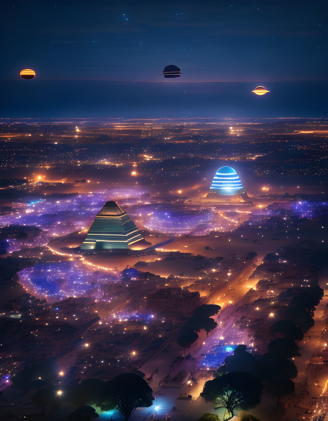 Futuristic night cityscape with pyramid-shaped buildings and flying vehicles