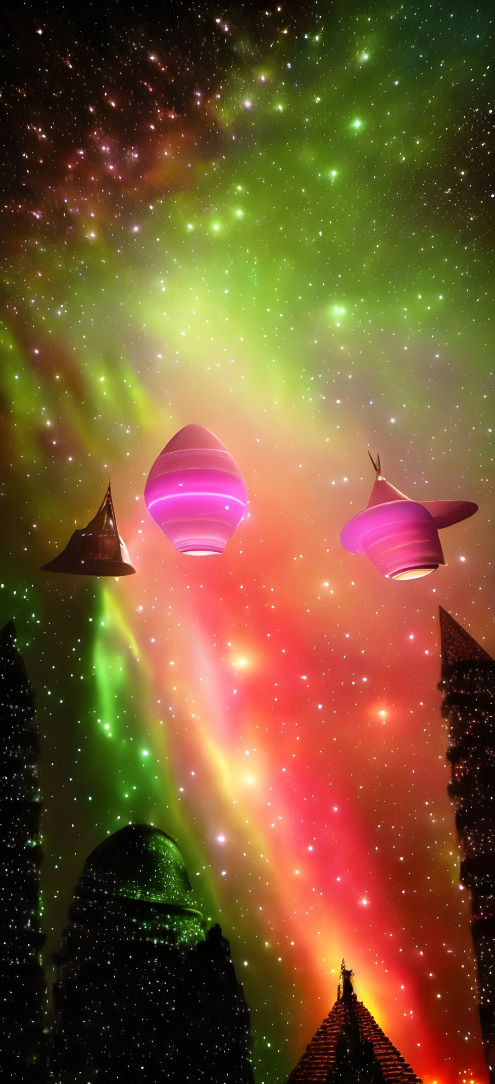 Colorful cosmic scene with nebulae, stars, and spaceships in futuristic setting