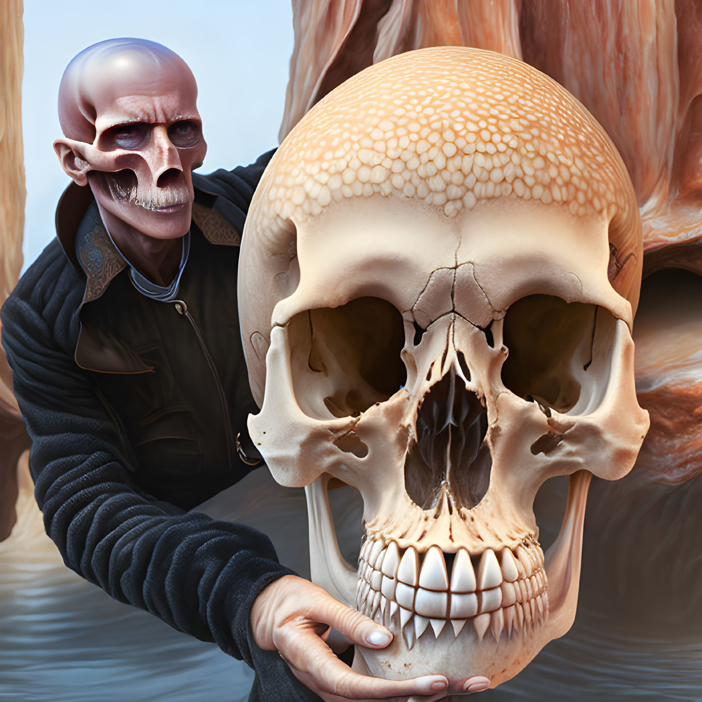 Bald Man Holding Large Textured Skull in Surreal Style