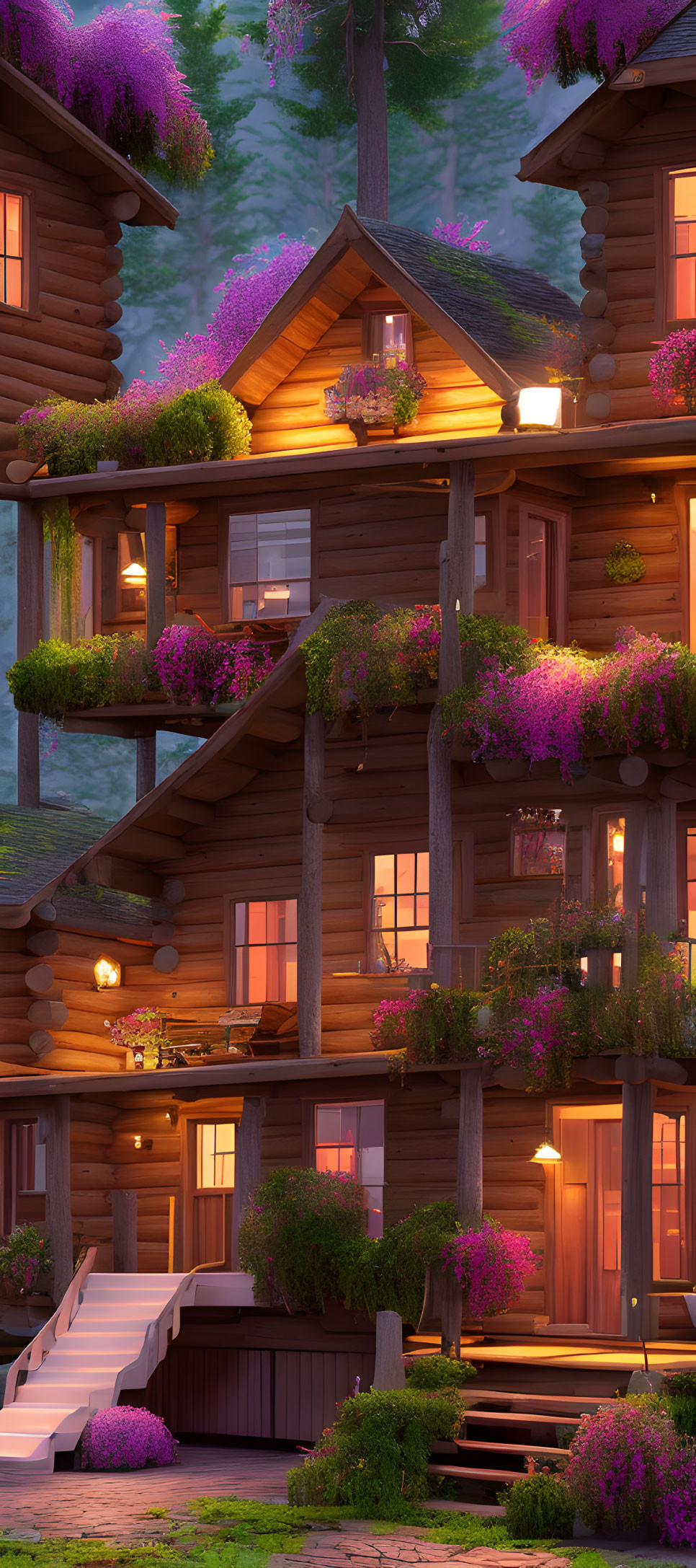 Rustic multi-story log cabin with pink flowers at twilight