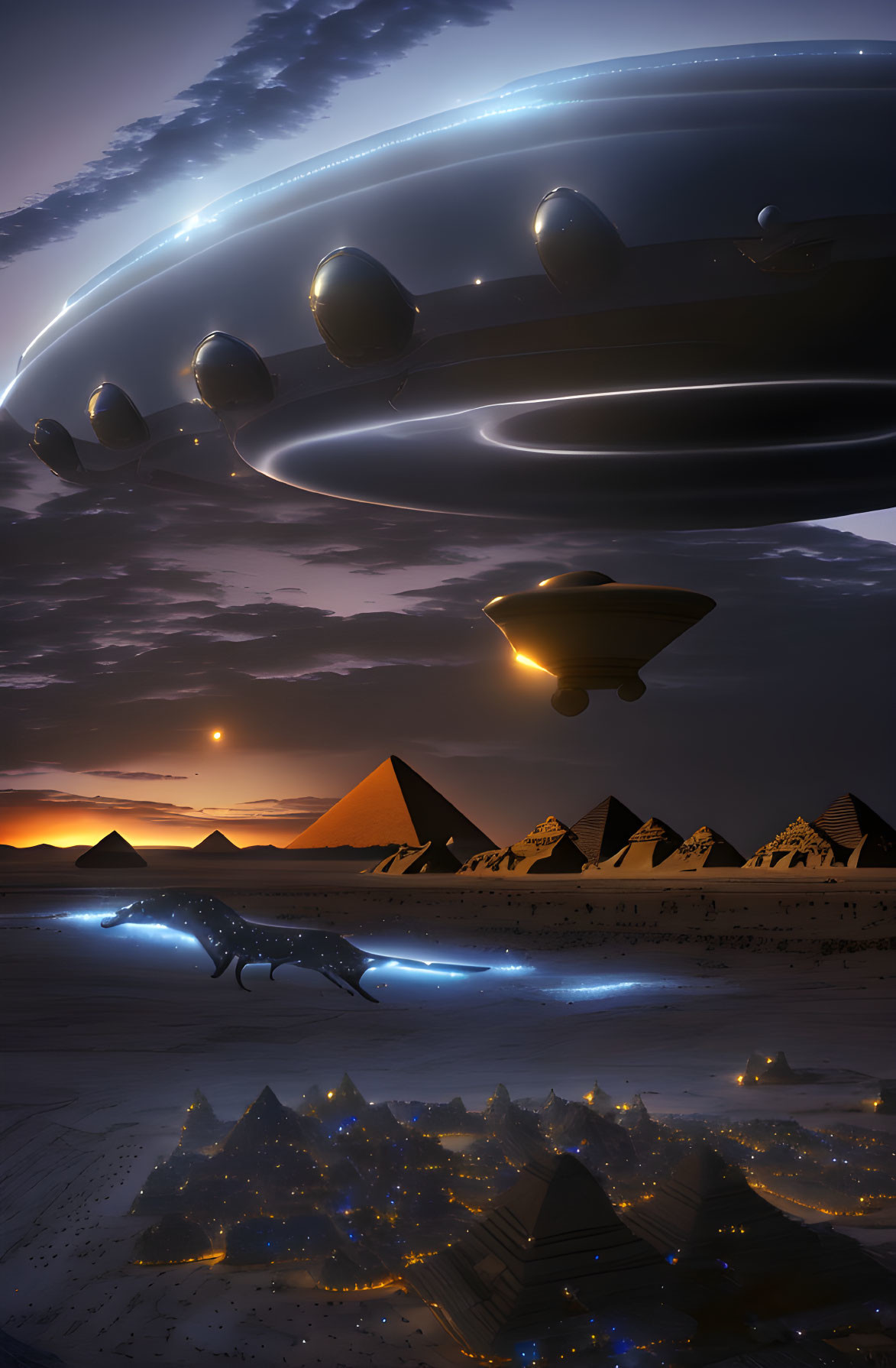 Large spaceship hovers over Egyptian pyramids at night with multiple moons