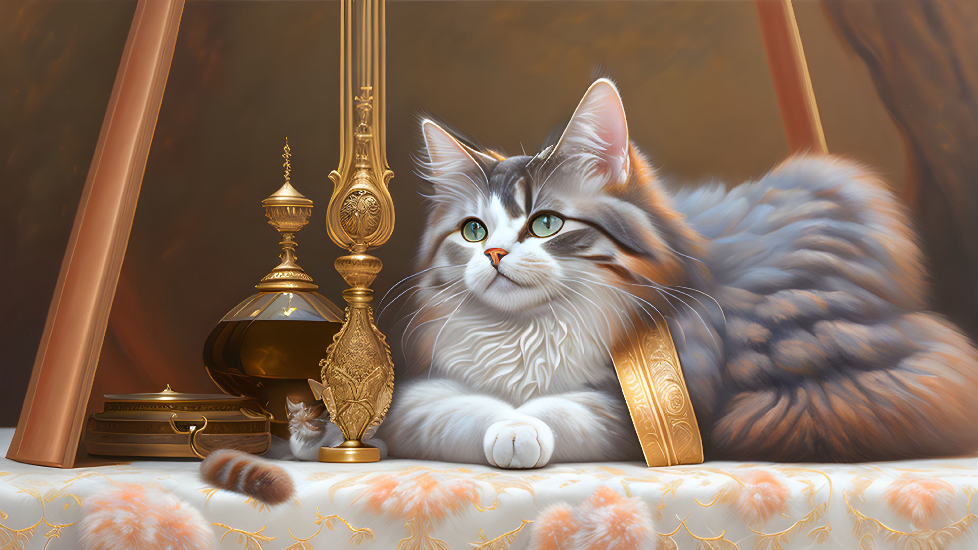 Regal fluffy cat with striking eyes among luxurious items