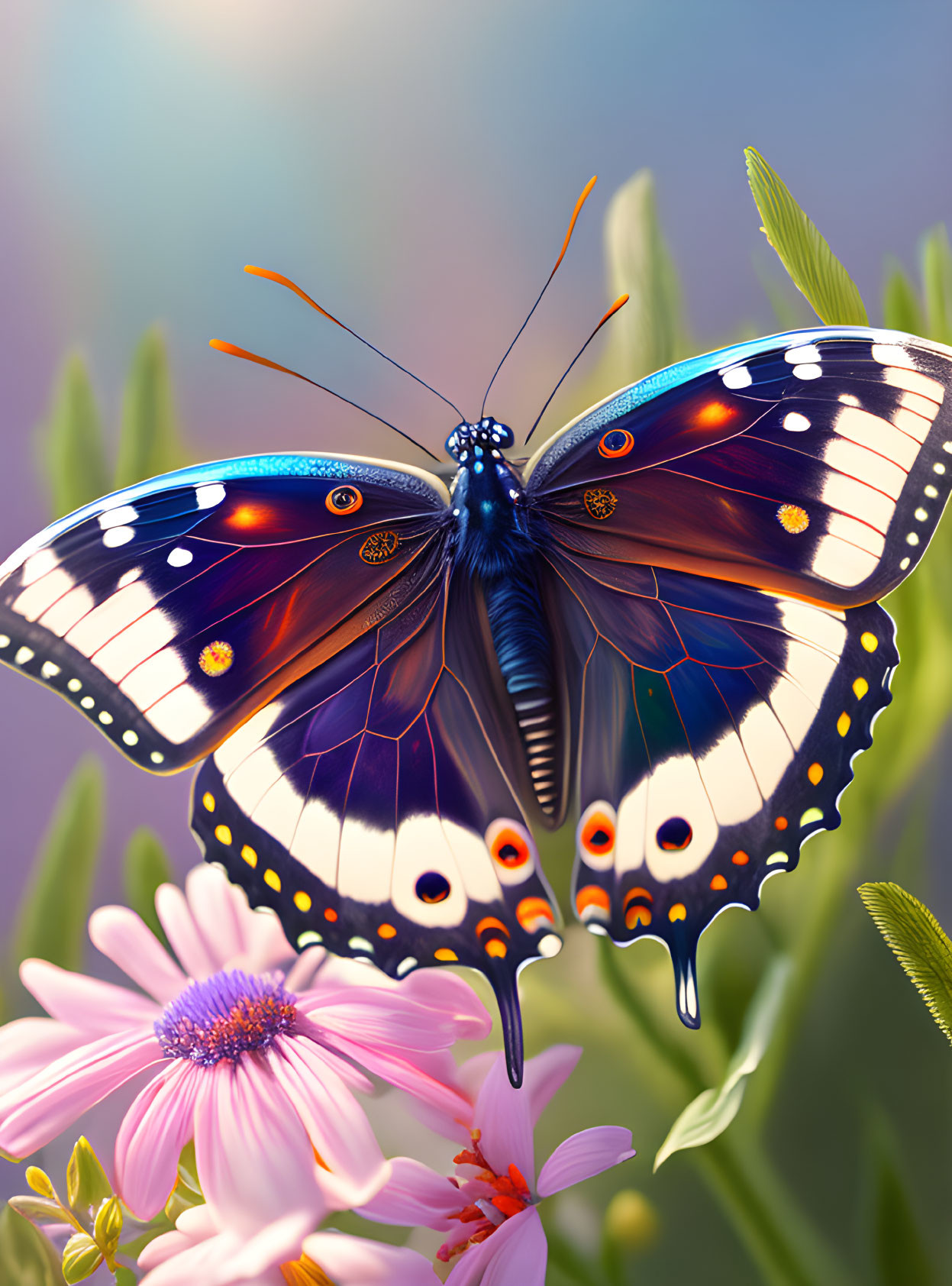 Colorful Butterfly on Pink Flowers with Intricate Wing Patterns