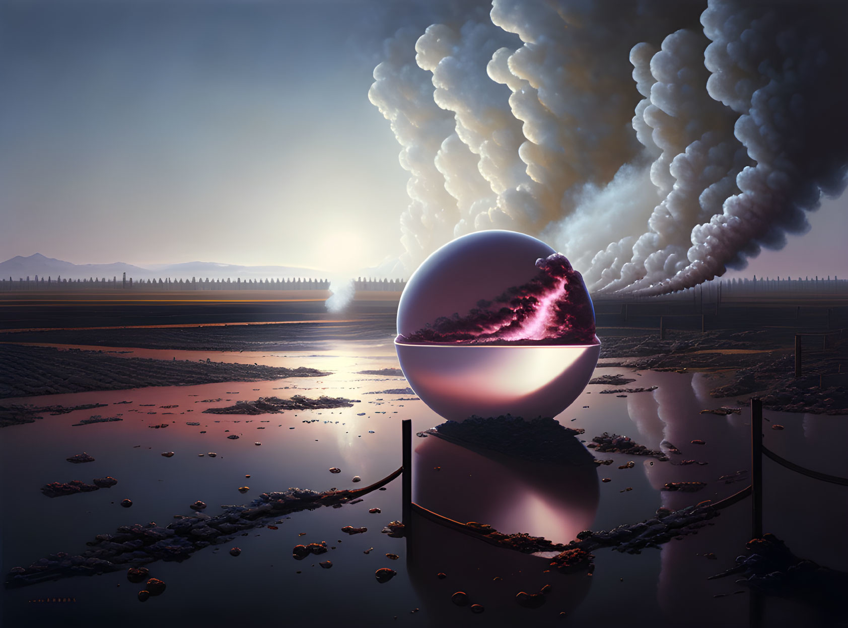 Surreal split reflective sphere on muddy terrain with smoky sky and sunset over water.