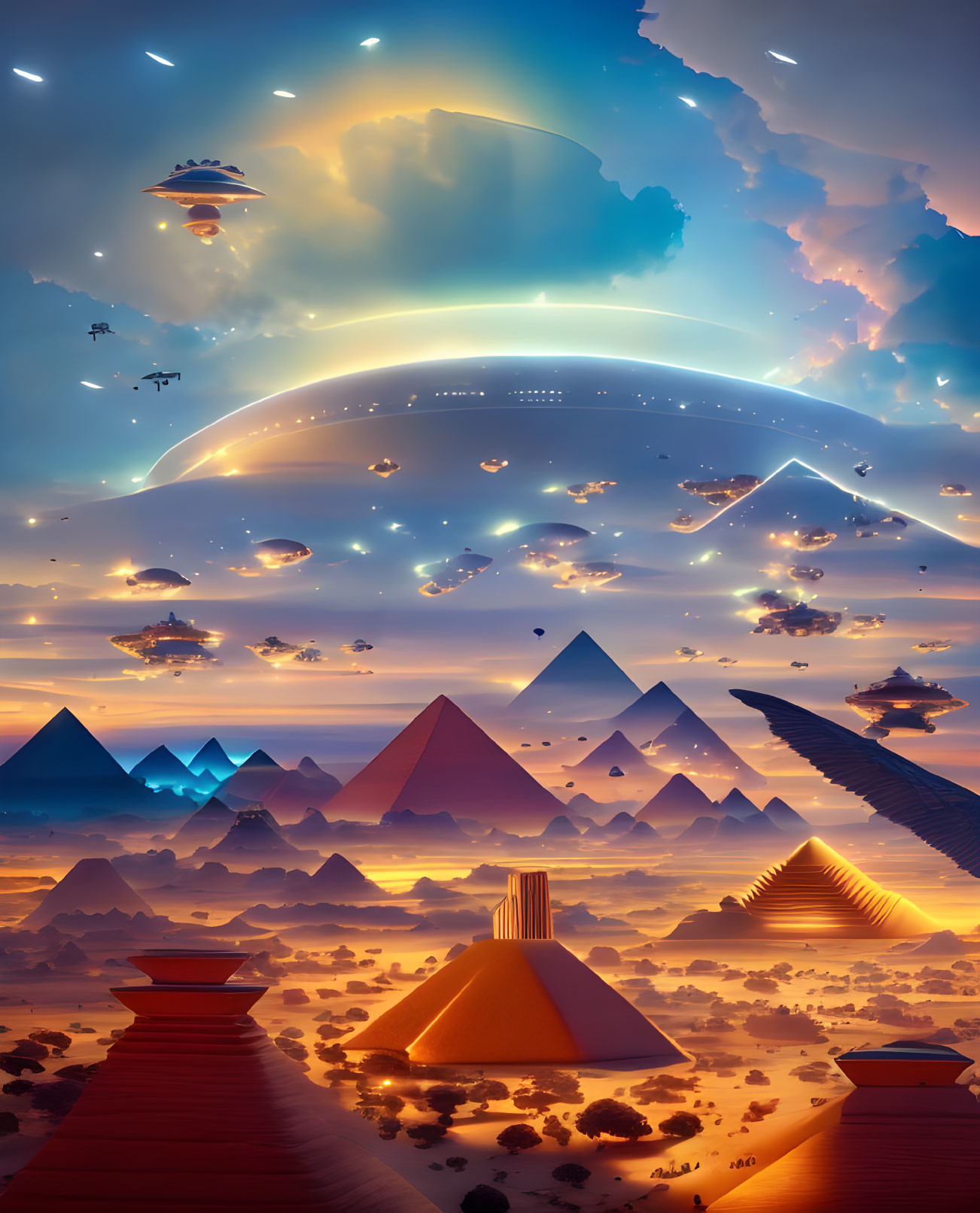 Futuristic Egyptian landscape with pyramids, UFO, and flying crafts at sunset