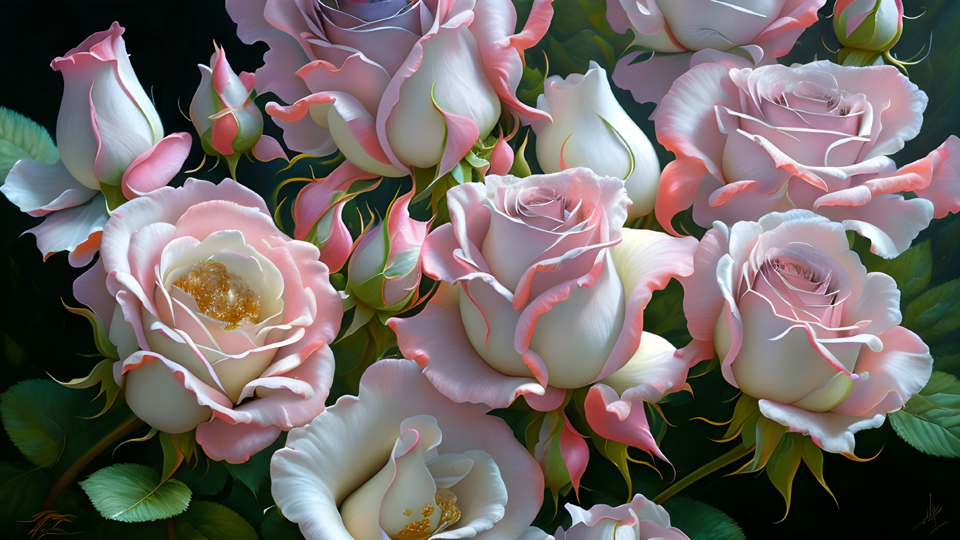 Pink and White Roses with Yellow Centers on Dark Background