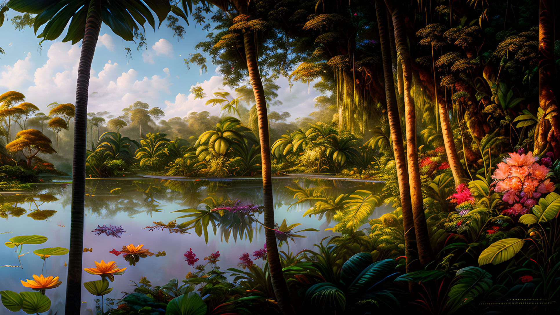 Tropical forest with palm trees, vibrant flowers, and serene water under golden sunlight