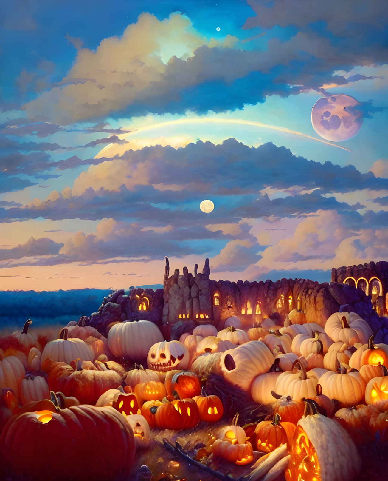 Moonlit Pumpkin Patch with Jack-o'-lanterns and Stone Structure in Countryside