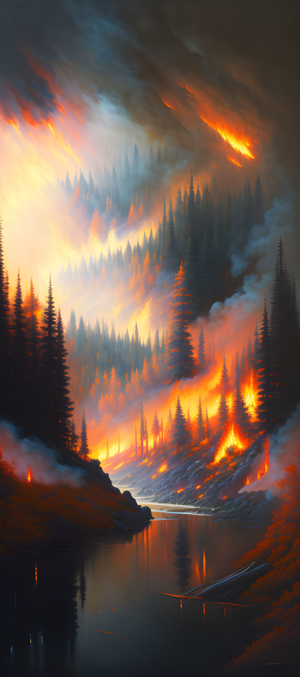 Forest fire at dusk: Flames engulfing trees, reflective river, fiery sky