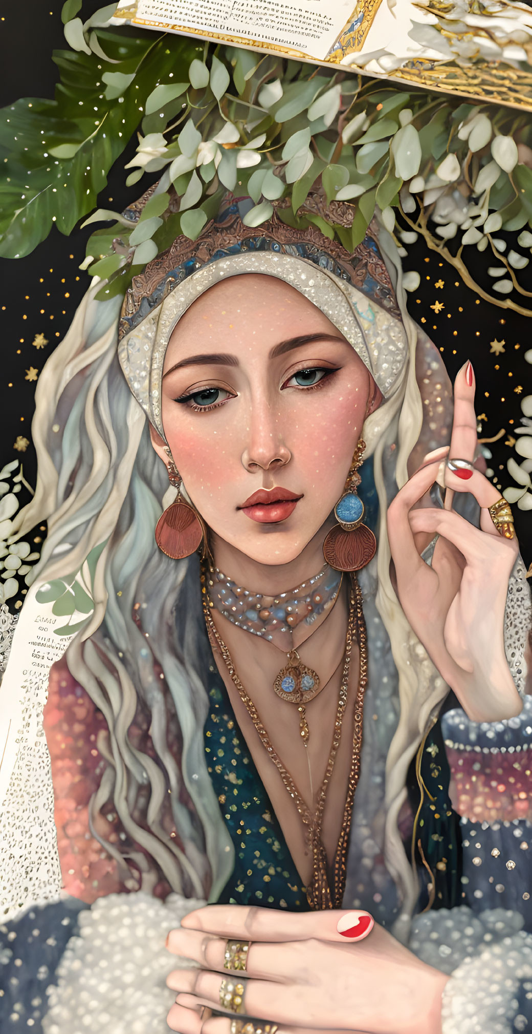 Ethereal woman with long wavy hair and intricate jewelry in nature-inspired setting