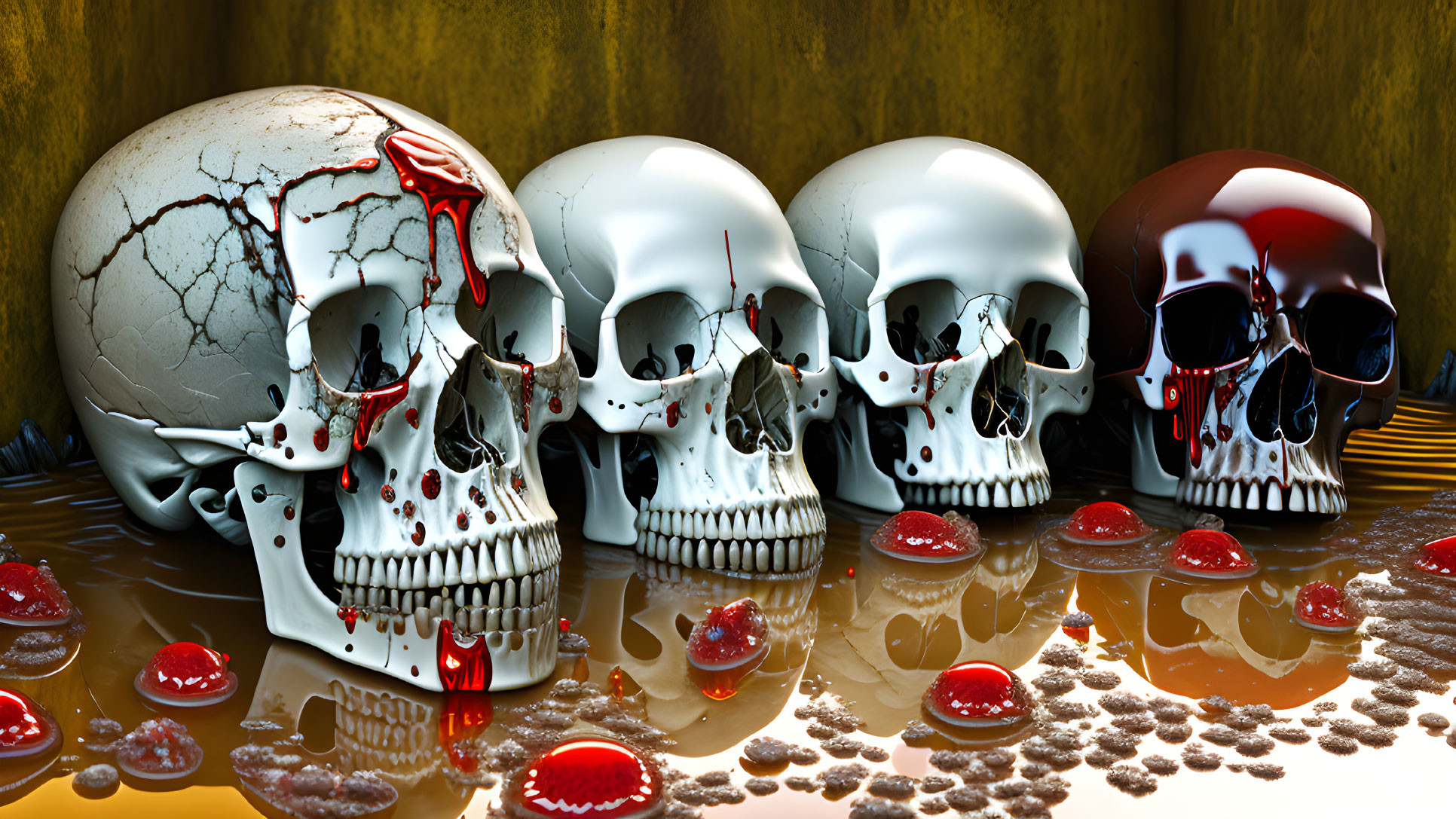 Five skulls with red liquid splatter on reflective surface and metallic walls